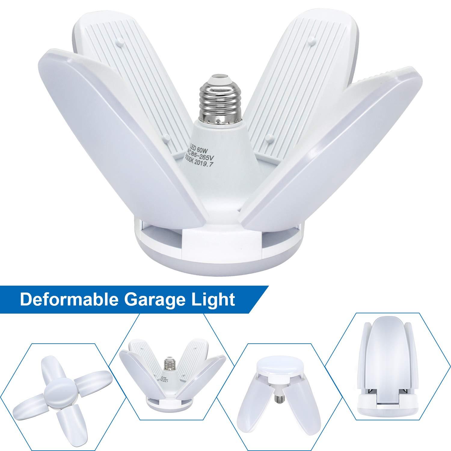 Exulight LED Garage Lights,Exulight 60W Led Garage Ceiling Light 6000LM Daylight,Deformable Light Bulbs 60 Watt Work Light,E26/E27 Shop Lights for Garage Barn Warehouse Workshop Lighting
