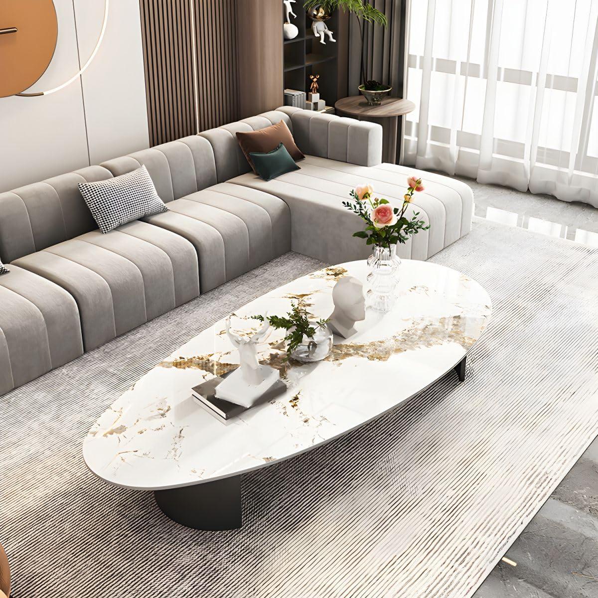 LAKIQ LAKIQ Modern Oval Coffee Table White Slate Stone Top Living Room Center Table with Double Pedestal Metal Base (Without Storage Drawers, Gloss White-55 L x 27.5\" W x 16\" H)