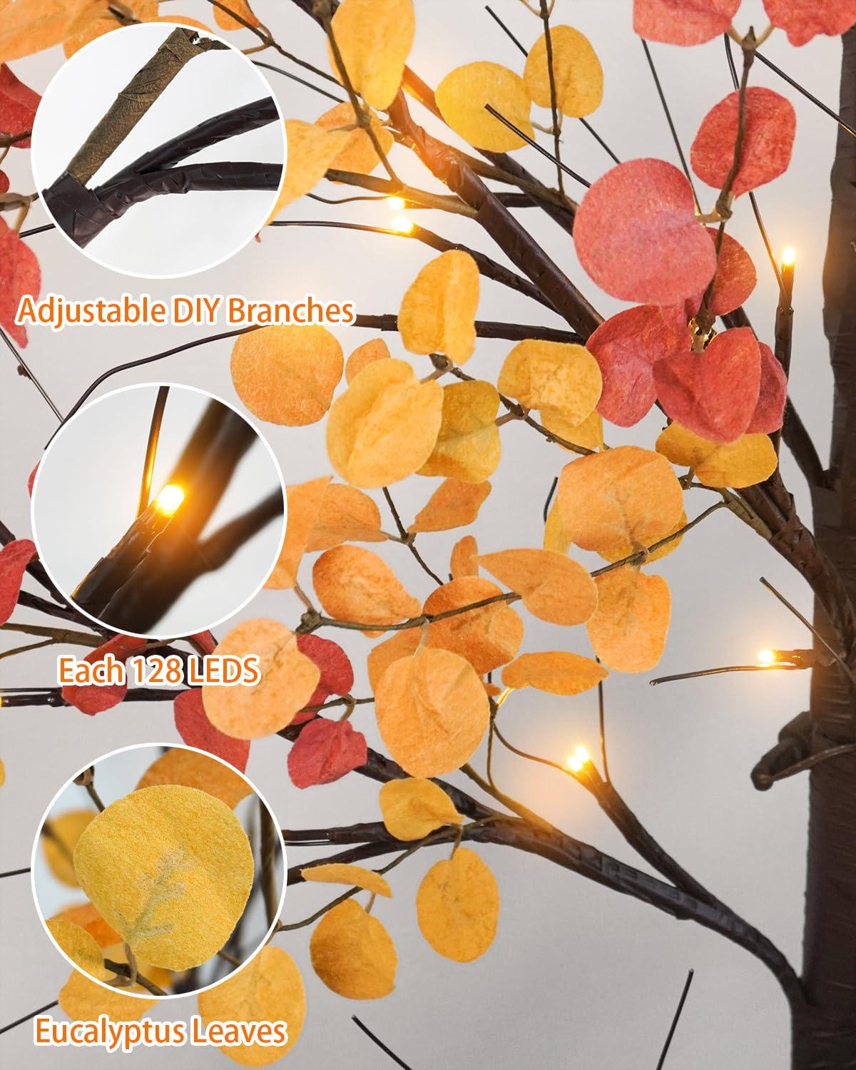 Caplidou Caplidou 7 FT Lighted Fall Eucalyptus Tree, 128 LED Artificial Fall Tree with Lights Fall Light Up Tree with Timer for Autumn Wedding Party Birthday Patio Porch Home Garden Indoor Outdoor Decor