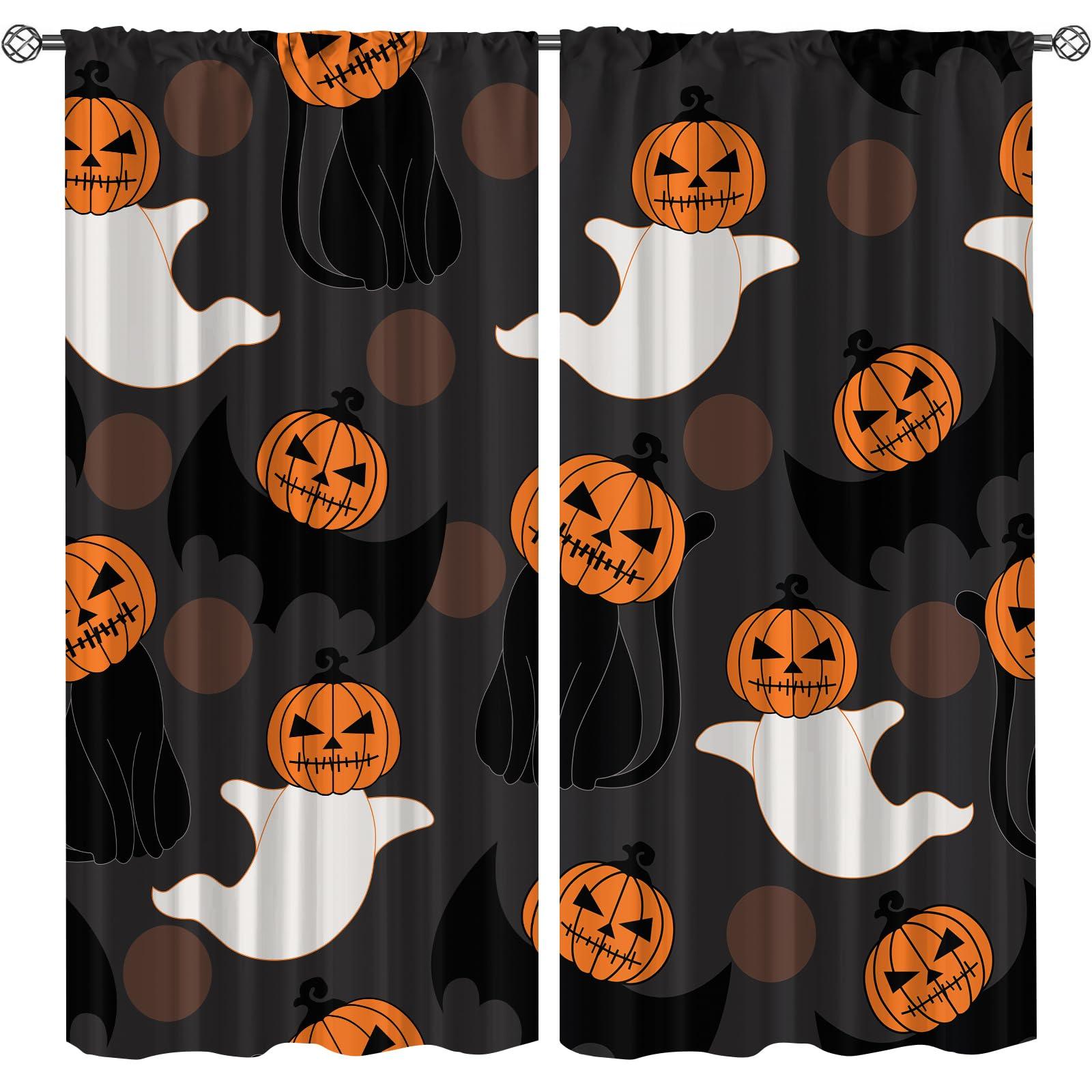 LHAITI Halloween Black White Orange Curtains for Bedroom 54 Inch Length Spooky Ghost Pumpkin Printed Rod Pocket Curtain Panels for Bedroom Blackout Curtains for Children's Room Halloween Party Kitchen