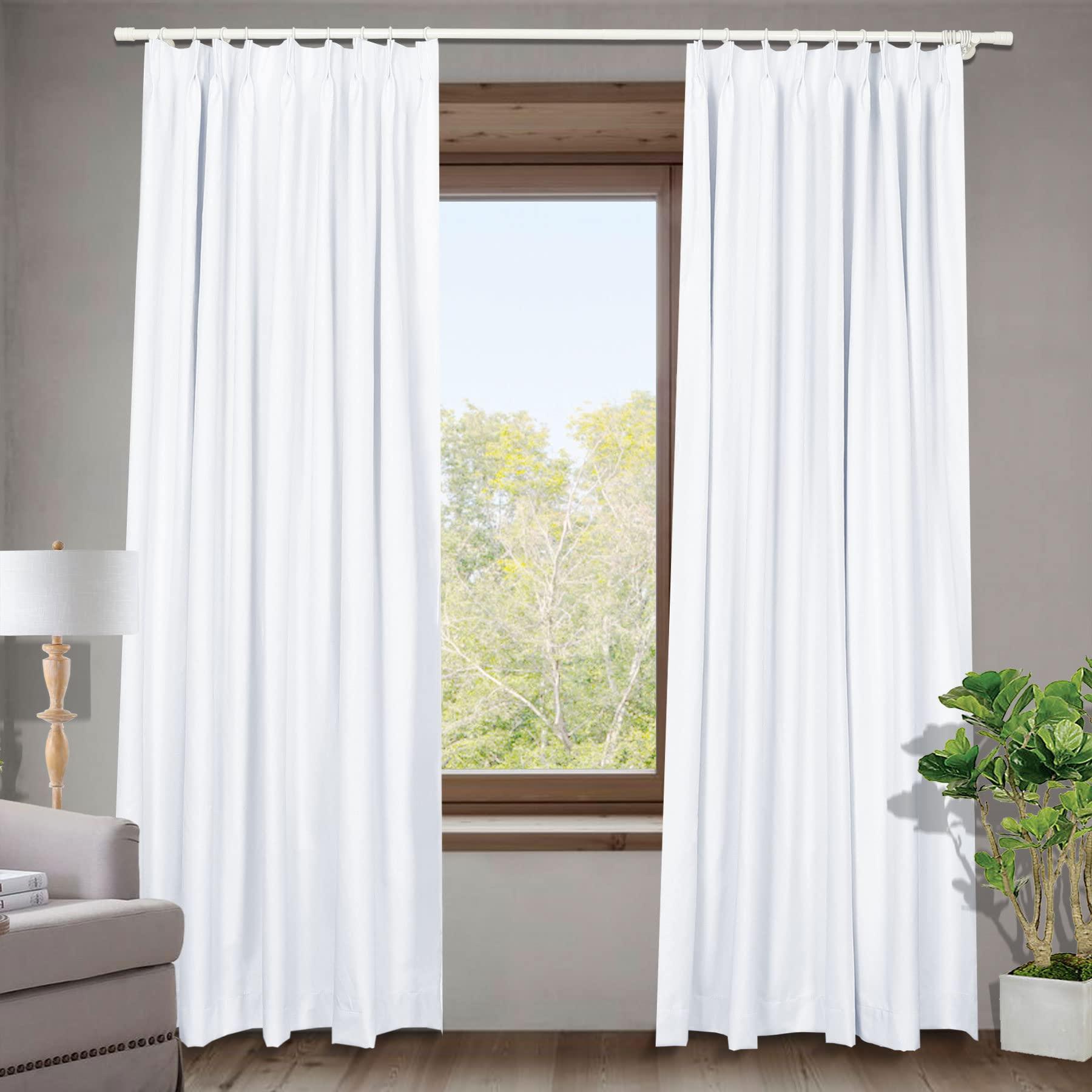 Frelement Frelement 100% Blackout Curtains Linen 120 Inch Wide Curtains Full Light Blocking Noise Reduction Curtains Thermal Insulated Pinch Pleat Curtains for Bedroom, White, 120" W x 84" L, 2 Panels
