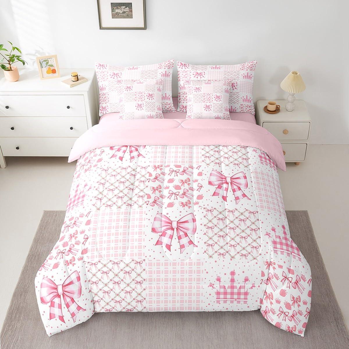 Manfei 7 Pcs Princess Crown Comforter Set,Geometric Pink Plaids Patchwork Bedding Set,Kawaii Bowknot Fairy Tale Bow-tie Fantasy Bed Set(Comforter+Fitted+Flat Sheet+Pillowcases+Pillow Covers),Queen