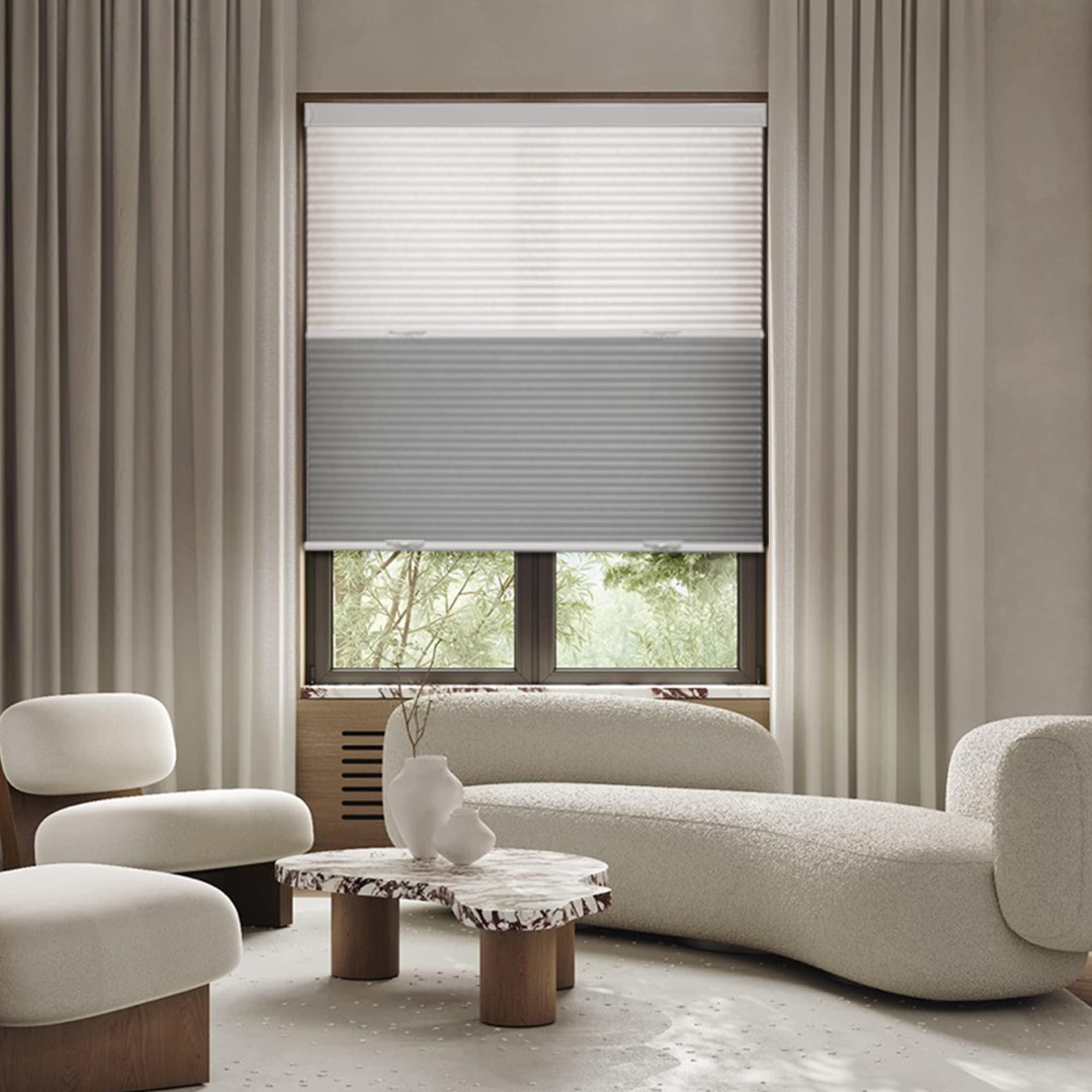 HOTSOON Day Night Cellular Shades Blackout Light Filtering Cellular Blinds Cordless 2 Shades in 1 Honeycomb Blinds for Windows, Light Gray, 44" W x 48" H