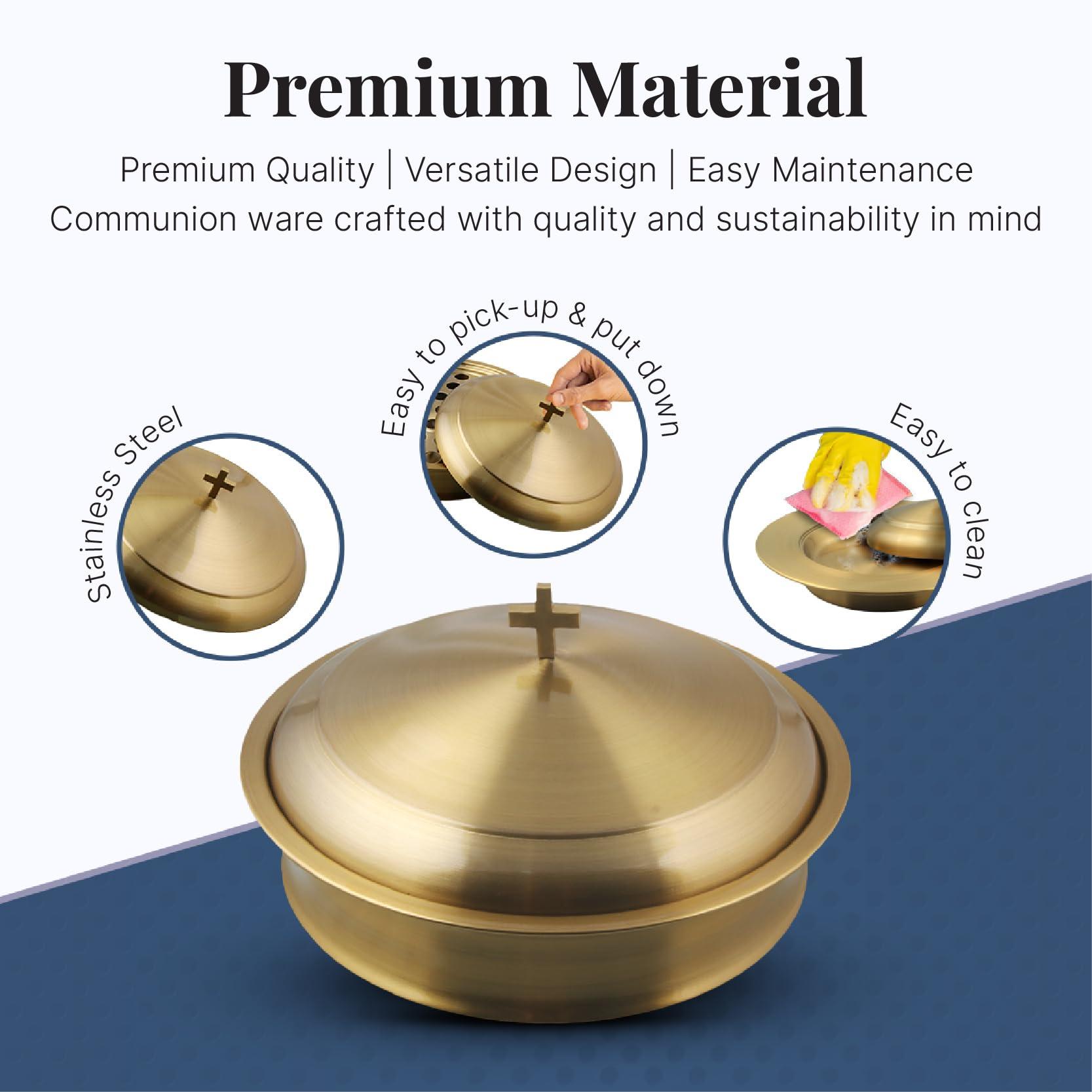 Mayur Exports Communion Ware Holy Wine Serving Tray with A Lid & A Stacking Bread Plate with A Lid - Stainless Steel (Brass/Gold)