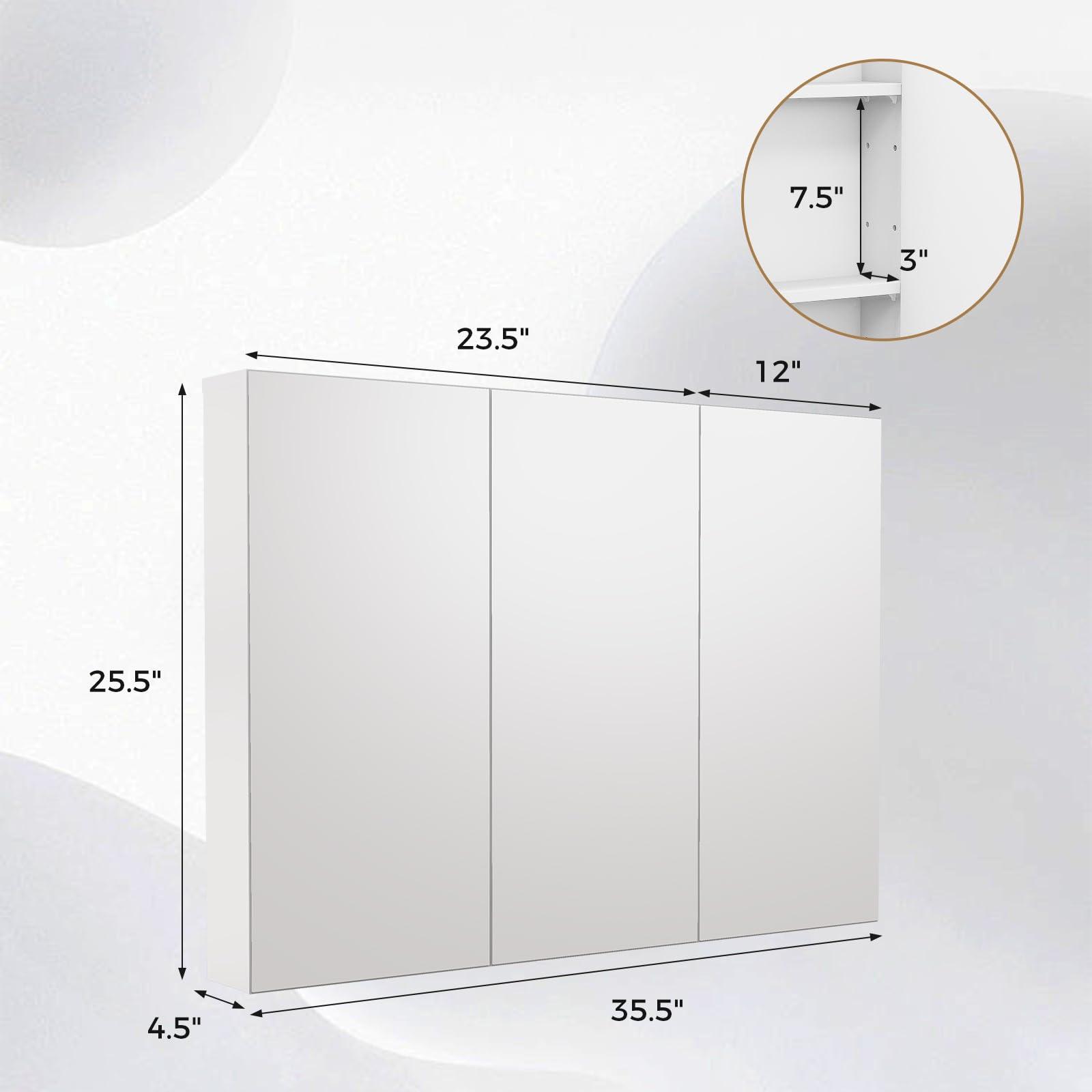 LOKO LOKO Large Bathroom Medicine Cabinet with Mirror, Wall Mounted Bathroom Cabinet with 3 Mirrored Doors & Adjustable Shelves, Triple Mirror Door Bathroom Wall Cabinet, 36 x 4.5 x 25.5 Inches