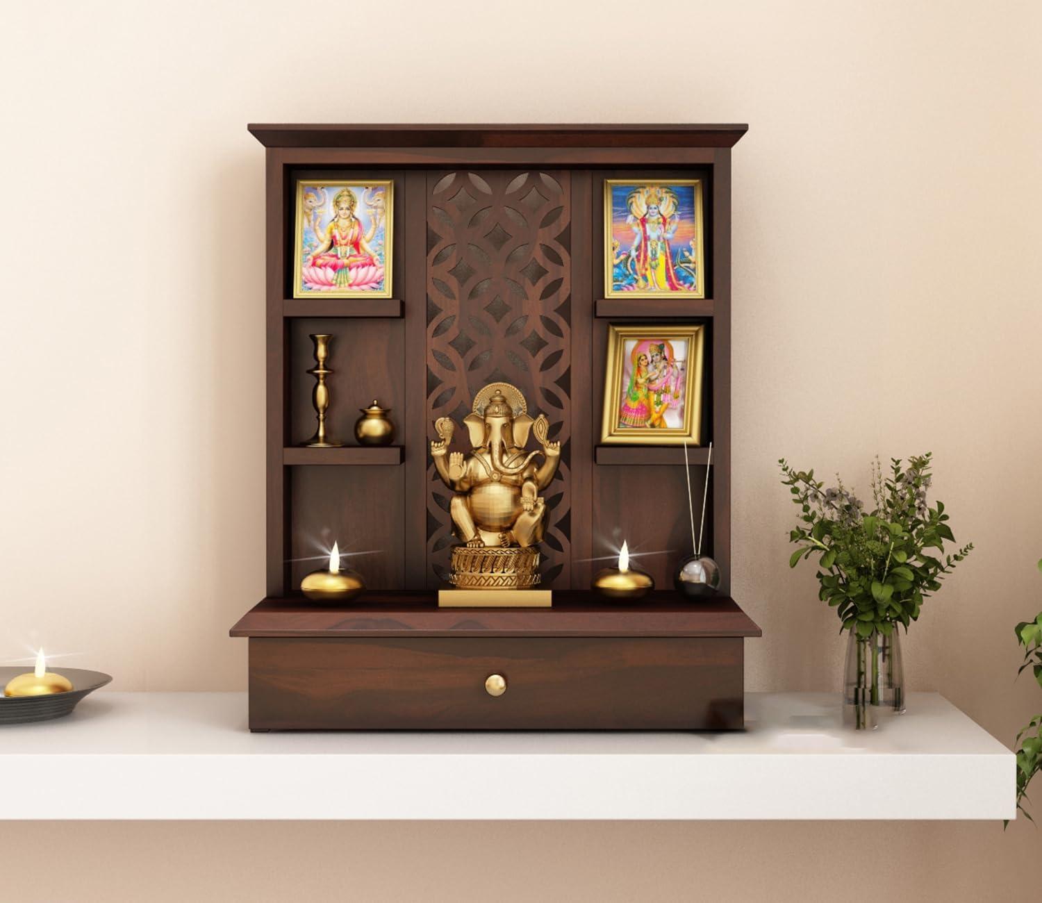 HomeLoft Basics Home Temple Wooden Puja Mandir Pooja Stand for Home and Office Wall Mandir for Home Temple for Home and Office (Walnut)