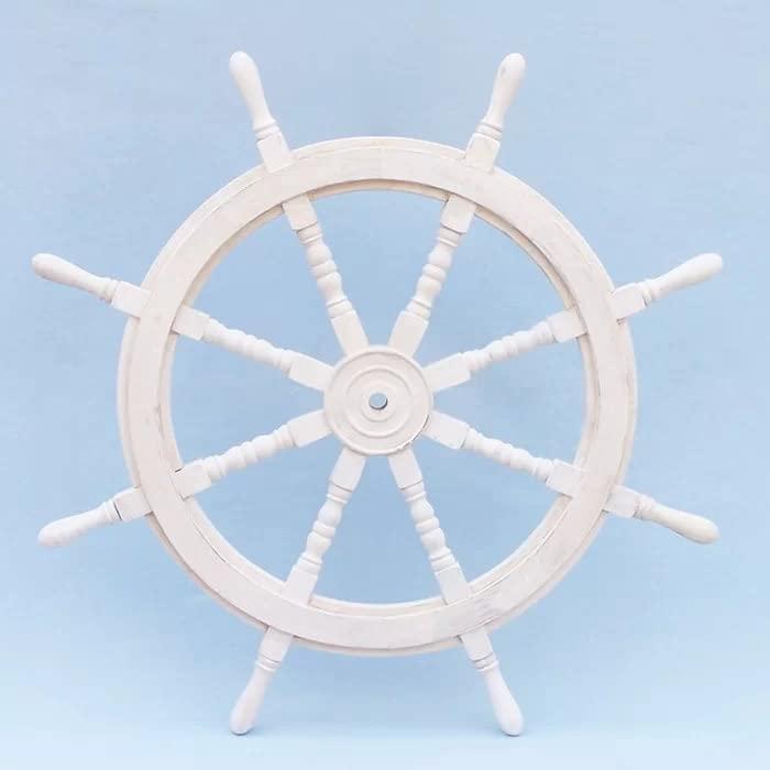 Home Dress Wooden Ship Wheel - Nautical Boat Steering Wheel, Handcrafted Solid Wood & Brass Center Hub - Vintage Pirate Ship Helm, Rustic Maritime Wall Decor for Home, Office (White 36 inch)