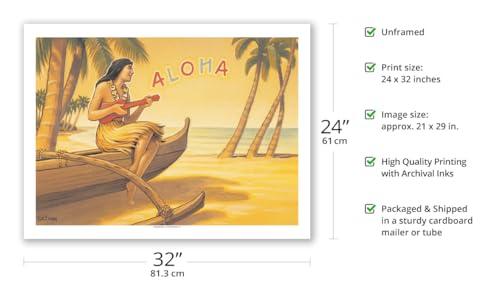 Pacifica Island Art Aloha Serenade - Hawaii Ukulele Hula Girl - Vintage Hawaiian Travel Poster by Kerne Erickson - Bamboo Fine Art 290gsm Paper Print (Unframed) 24x32in
