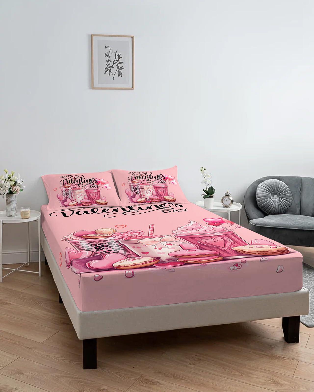 ZFUNCING Valentine\'s Day Fitted Sheet Twin XL Size,Dessert Macaron Cake Drinks Bottom Sheets Bedding Set 2pcs for Girls Women Room Decor,Romantic Pink Deep Pocket Bed Sheet&Pillowcases