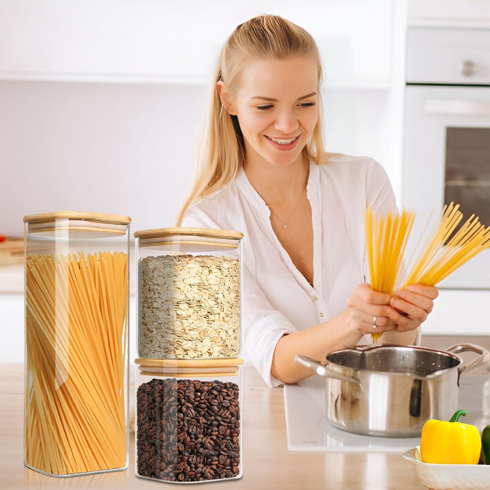 VIEWELLD VIEWELLD Food Storage Containers with Airtight Bamboo Lids Set of 5, Glass Canisters with Airtight Lids, Glass Food Storage Containers for Pasta, Oats, Coffee, Flour, Sugar, Best for Kitchen, Square