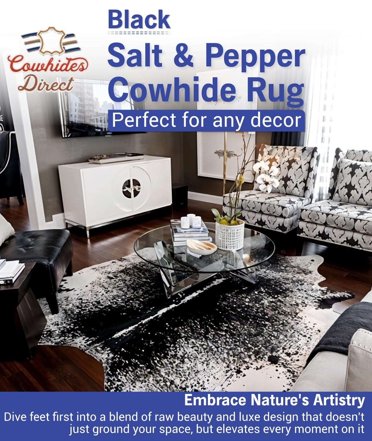 Cowhides Direct Cowhides Direct Genuine Cowhide Rug (Salt & Pepper) - Authentic Cow Rug with Non-Slip Suede Backing - Cow Rugs for Living Room, Bedroom & More - Decorative Rug (Black, 6x6 L)
