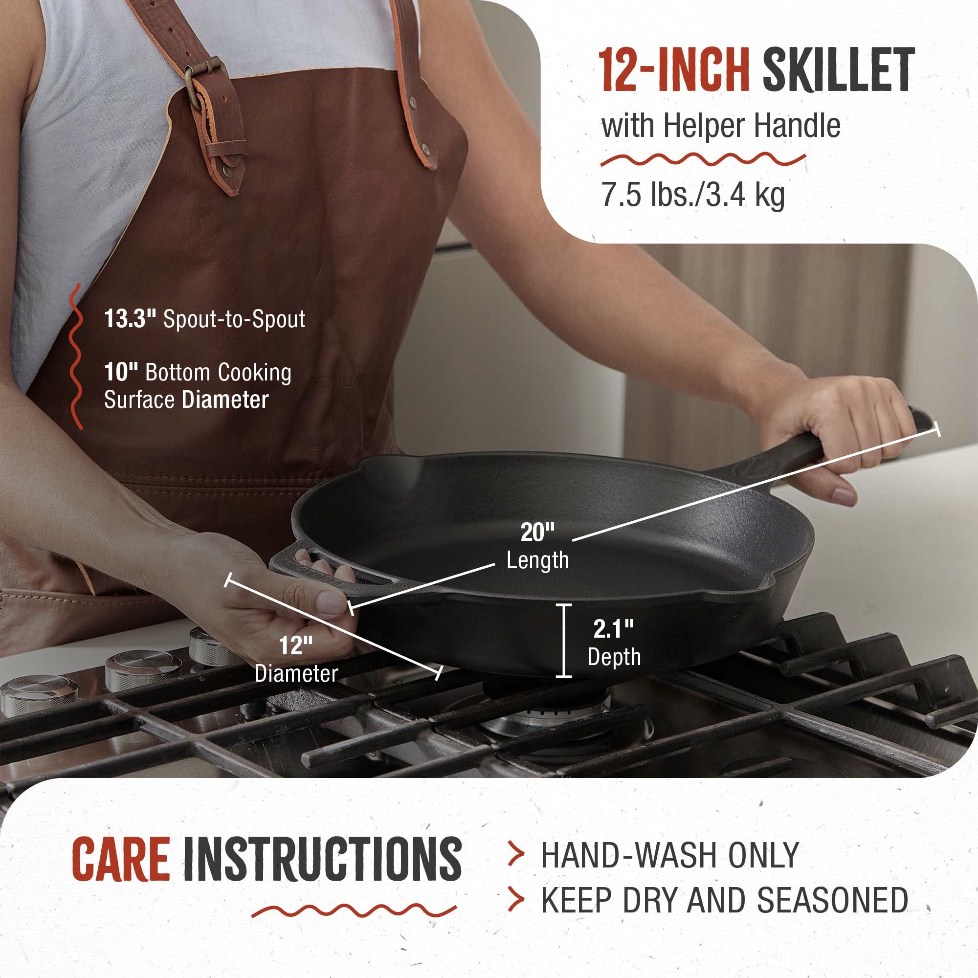 Victoria Victoria Cast Iron Skillet Large Frying Pan with Helper Handle Seasoned with 100% Kosher Certified Non-GMO Flaxseed Oil, 12 Inch, Black