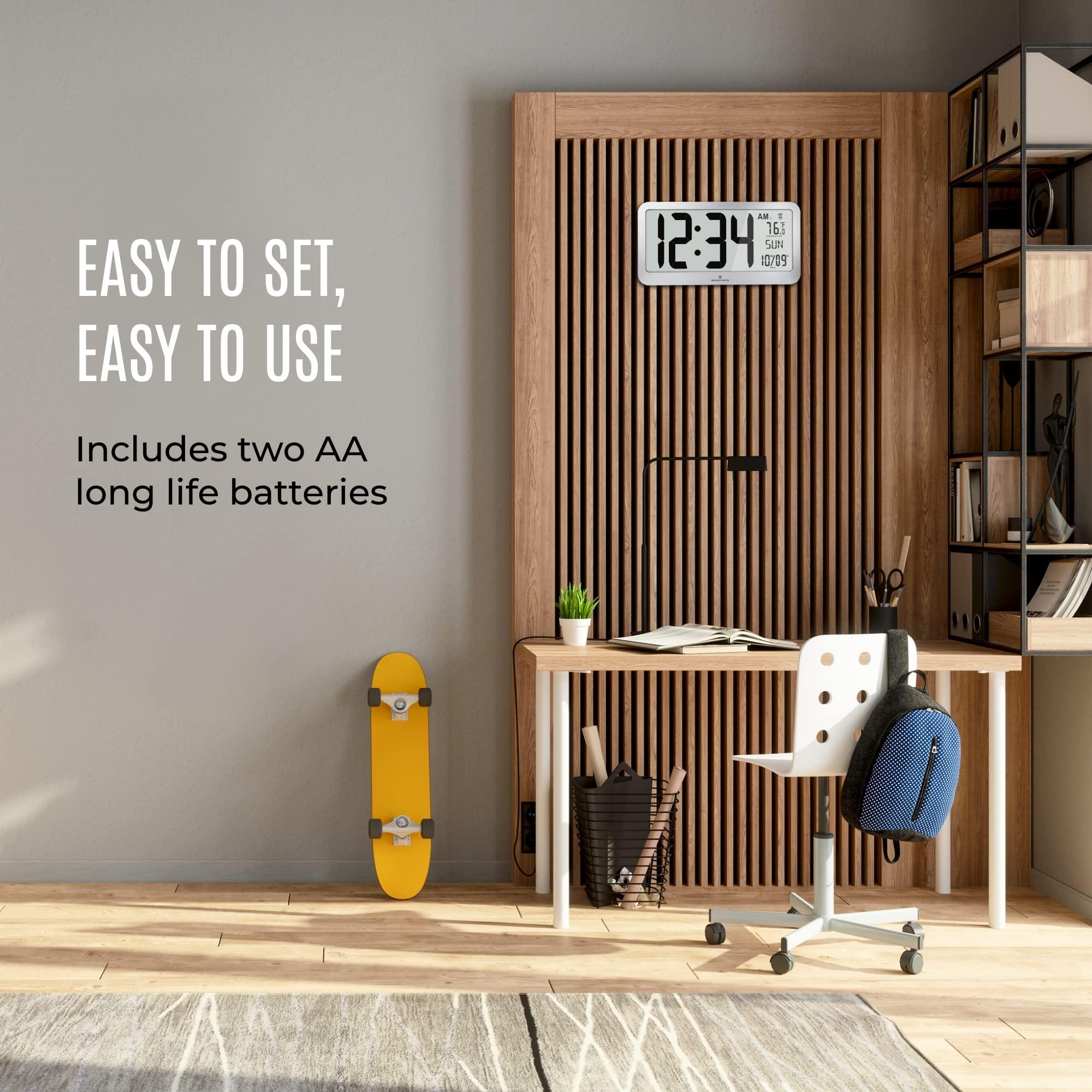 MARATHON Marathon Slim Jumbo Panoramic Atomic Wall Clock with Date and Indoor Temperature. Commercial Grade with Big 6-Inch Numbers, Alarm and Table Stand. Batteries Included (Graphite Grey)