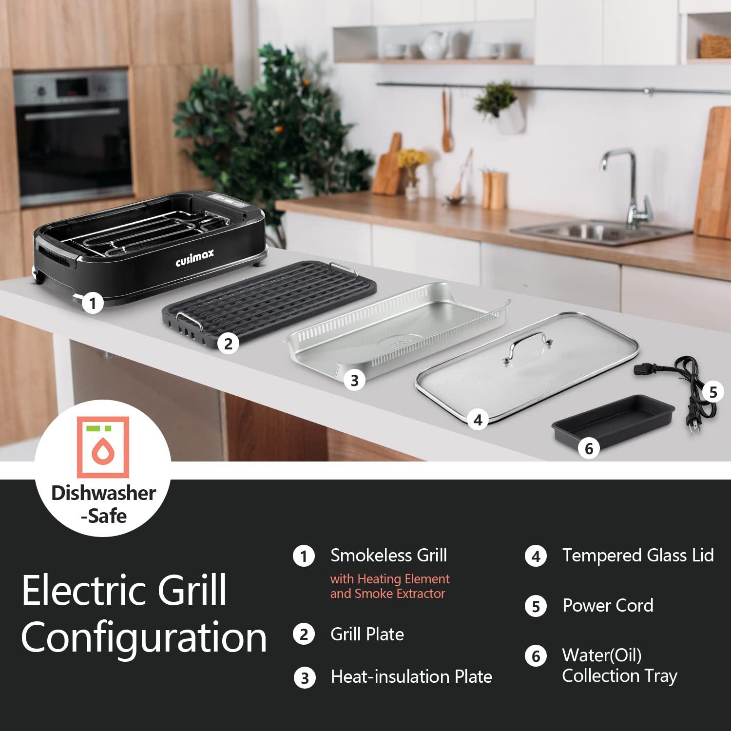 CUSIMAX Smokeless Grill Indoor, CUSIMAX Electric Grill, 1500W Grill Portable Korean BBQ Grill with LED Smart Display & Tempered Glass Lid, Non-stick Removable Grill Plate, Dishwasher Safe, Black