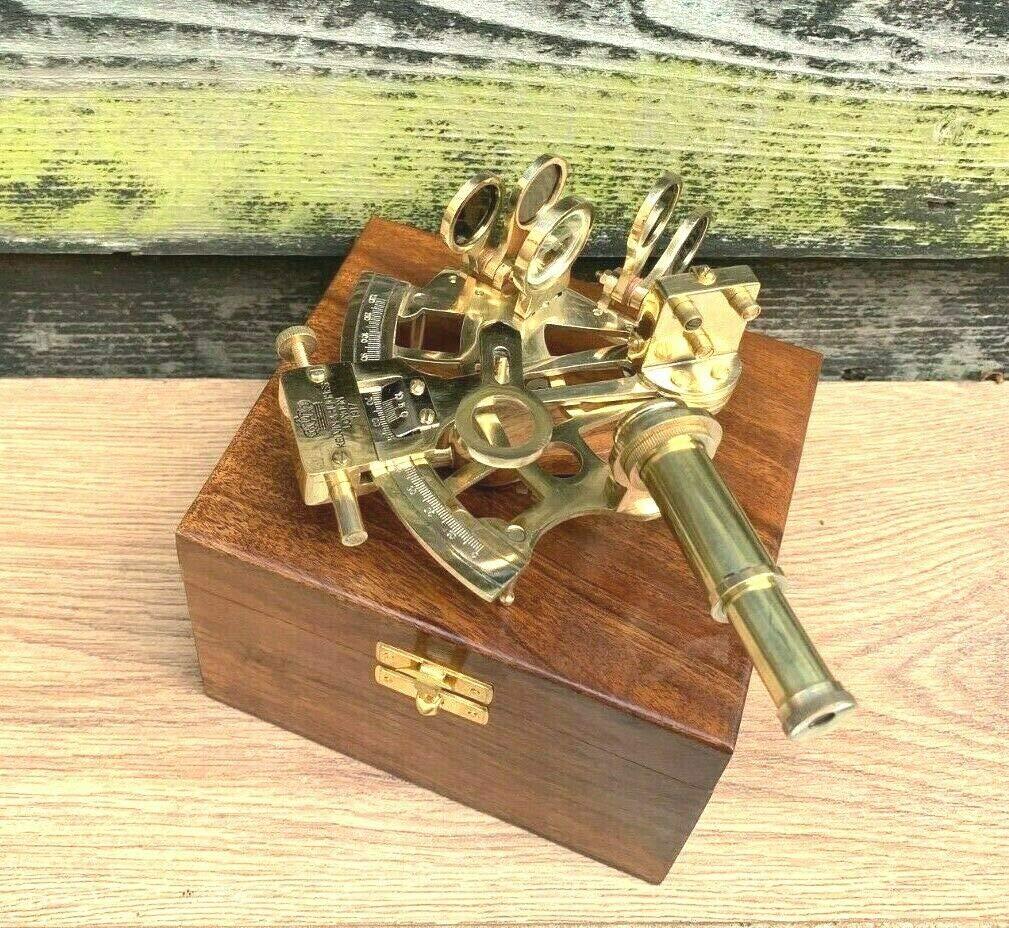 Generic Marine Antique Brass Sextant with Wooden Box Navigation Nautical Marine Vintage Sextant with Wooden Box