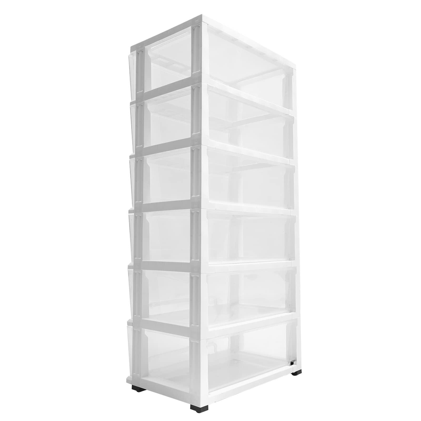 TTeralmon 6 Layer Clear Plastic Drawer w/Wheels, Storage Cart Plastic 6 Drawer Plastic Organizer with Drawers Stackable Storage Drawers for Office Closet, 19.7 * 13 * 43in (White)