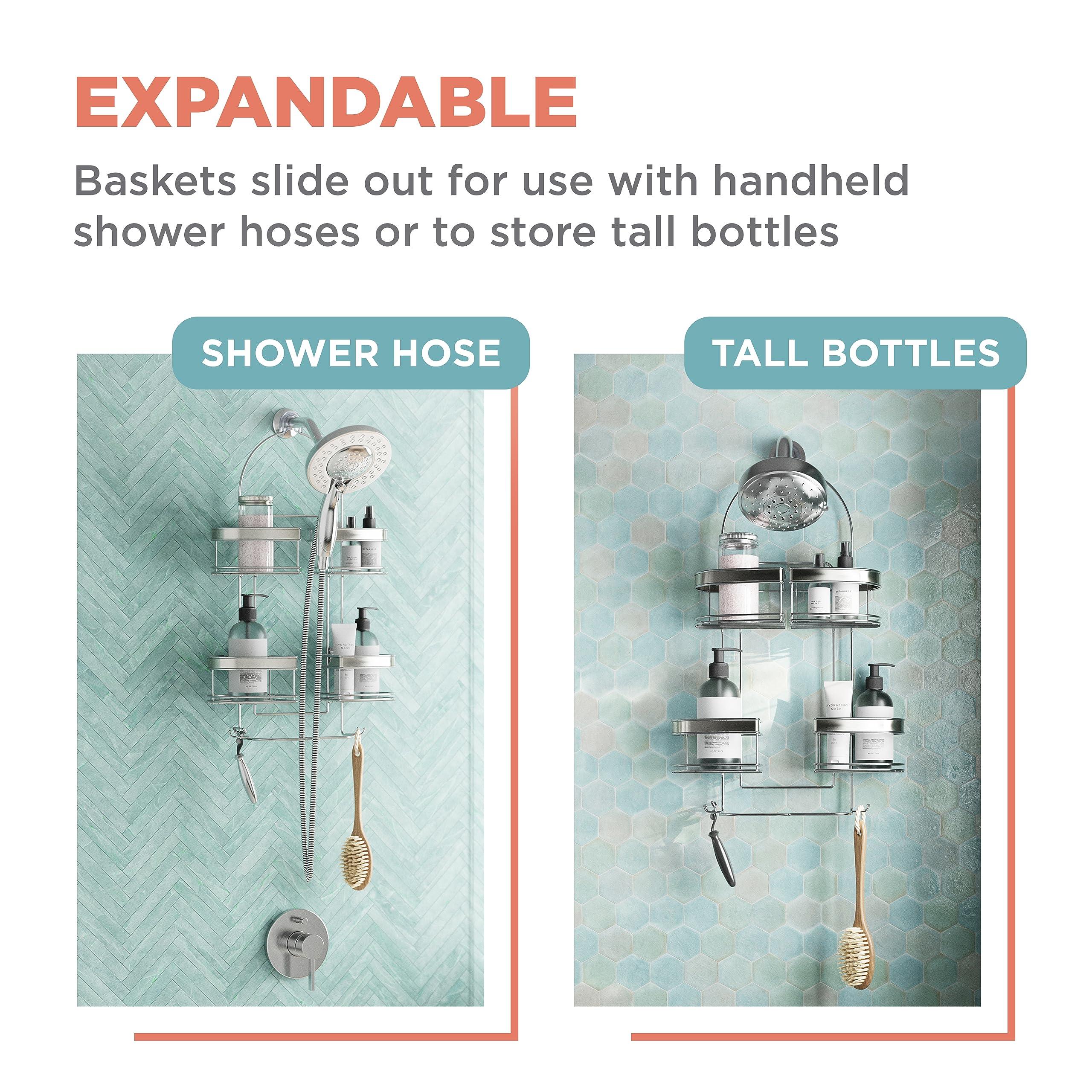 Zenna Home Zenna Home Hanging Shower Caddy with 4 Expandable Baskets, Razor Holders, and Hooks, Stainless Steel Rust Resistant Shower Rack, No Drilling, Fits Handheld Shower Hoses Over Shower Head Organizer