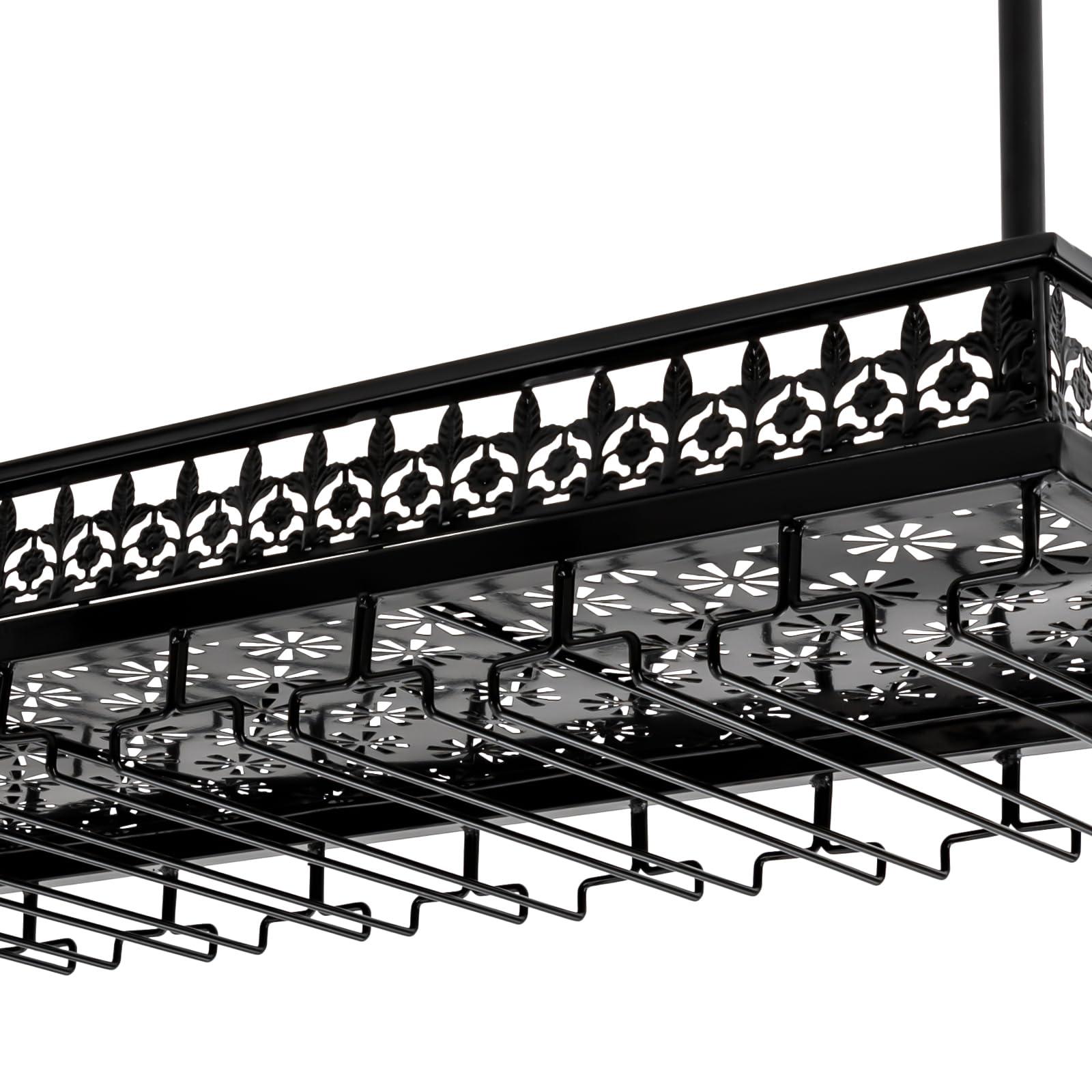 CNCEST Black Vintage Wine Glass Rack, 13.78\"- 21.65\" Height Adjustable Ceiling Mounted Hanging Wine Bottle Holder Stemware Hanger Rack Metal Bar Floating Shelf for Bar Kitchen, Capacity: 36 Goblets(L: 90cm)
