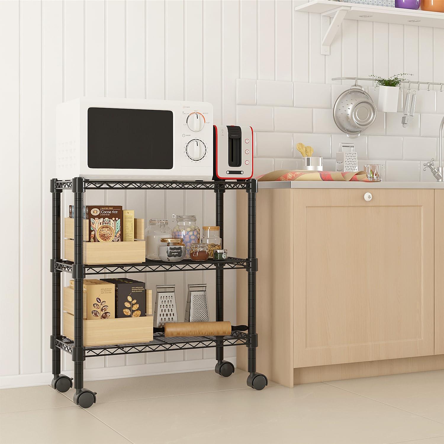 Hikarinowa 2 Tier Wire Rolling Storage Rack,Heavy Duty Adjustable Metal Wire Storage Shelving Units,Metal Kitchen Rolling Storage Cart,Wire Rolling Utility Cart,with Wheels,for Home,Office (Black-B, 60x35x85cm)