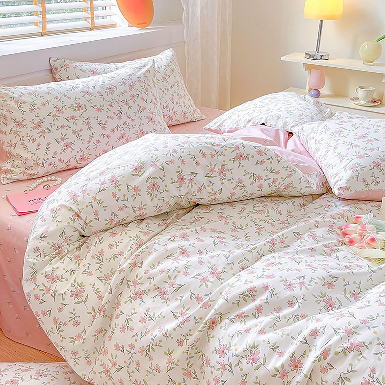 EAVD EAVD Vintage Style Garden Pink Floral Duvet Cover Queen White Soft 100% Cotton Small Cute Floral Bedding Set with 2 Pillowcases Chic Shabby Floral Botanical Duvet Cover with Zipper Closure