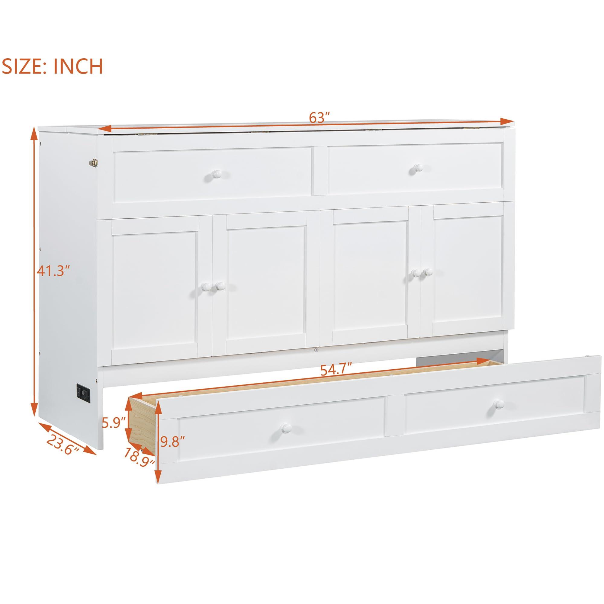 P PURLOVE P PURLOVE Queen Murphy Bed with Large Drawer, Wood Cabinet Bed with USB Ports and Three-Prong Outlets, No Box Spring Needed (White)