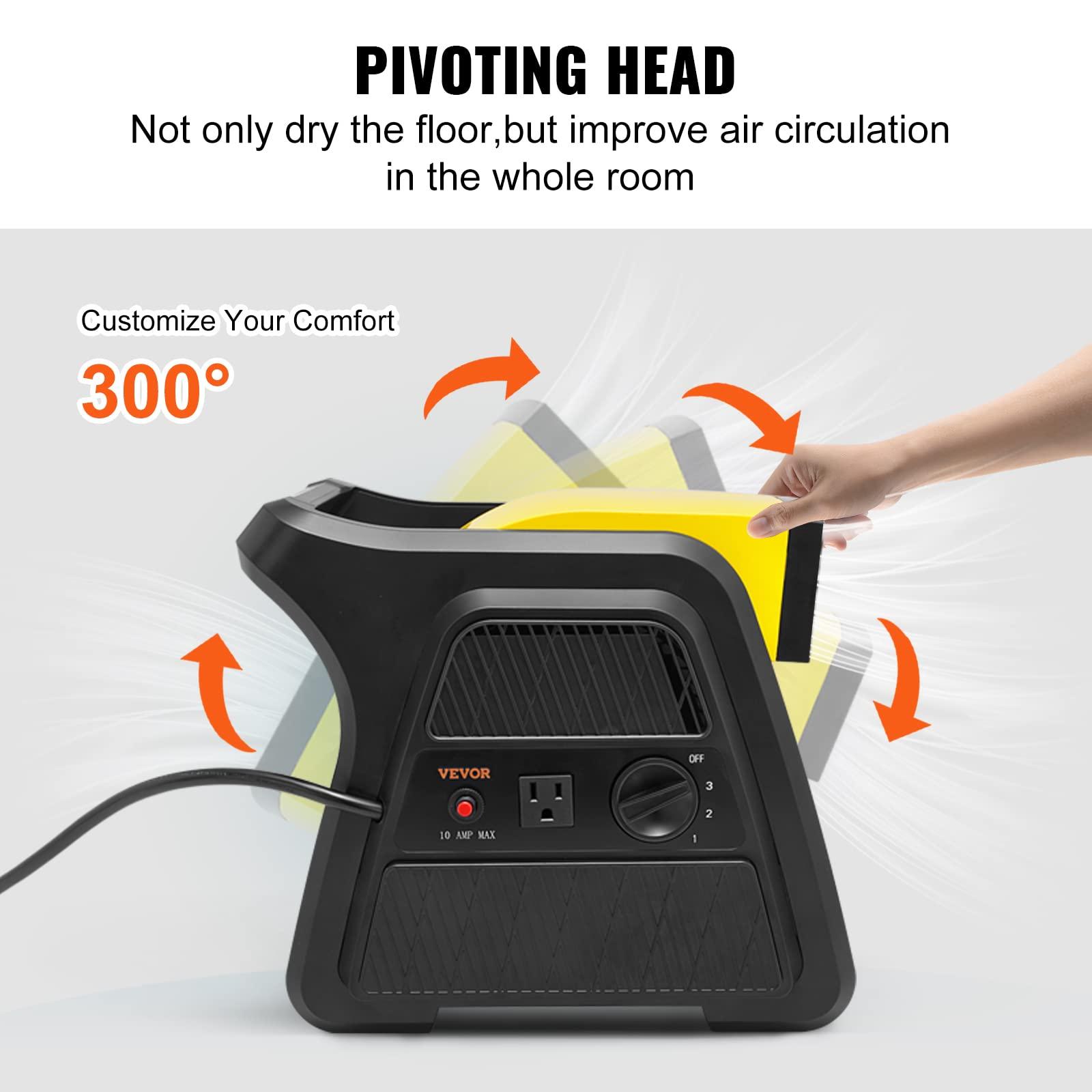 VEVOR VEVOR Pivoting Utility Fan, 600 CFM High Velocity Floor Blower for Drying, Cooling, Ventilating, Exhausting, 300 Blowing Angle Air Mover, Portable Carpet Dryer Fan for Home, Work Shop