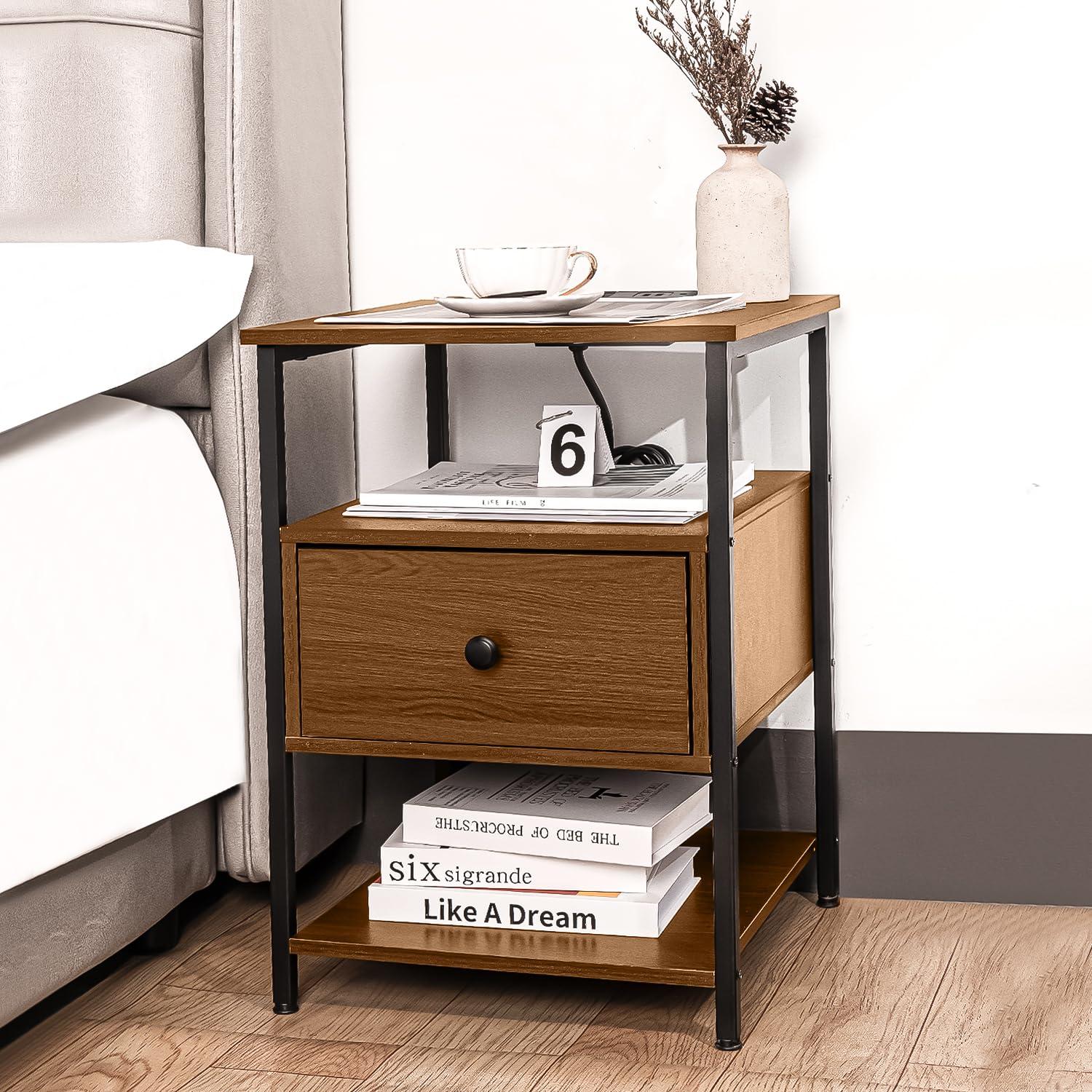 Our Modern Space Our Modern Space Wooden Nightstand with Charging Station USB Port and Single Drawer | Bedside Table End Cabinet for Living Room Bedroom Dorm - Rustic Brown