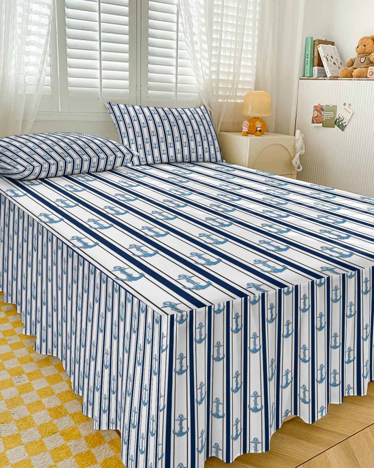 Jolunifun Nautical Anchor Bed Skirt for Cal King Size Bed,Wrap Around Bedding Skirt Dust Ruffle Bedskirt Sets with 2 Packs Matching Pillow Covers 36\"x20\",Classic 18 Inch Drop,Black White Geometric Stripes Rope