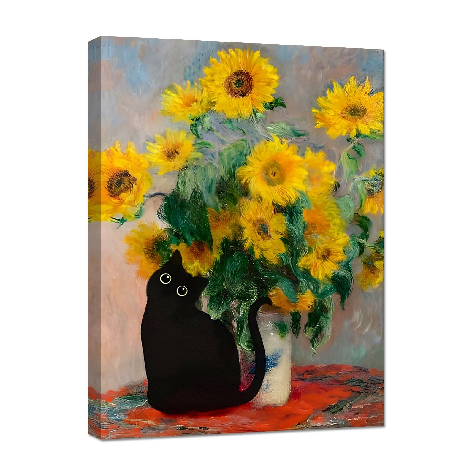 FOSULA Monet Cat Wall Art - Claude Monet Cat Wall Art Prints - Cat Monet Art - Monet Sunflowers Cat Canvas Print - Claude Monet Cat Poster - Monet Sunflowers Cat Wall Decor - Framed Ready to Hang