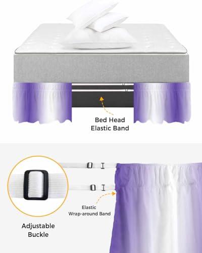 Sabolny Purple White Bed Skirt Queen Size 18 Inch Drop, Adjustable & Elastic Wrap Around Bed Skirts Pleated Luxury Dust Ruffles for Twin Full Queen Cal King Base Bed, Modern Minimalist Geometric Ombre Art