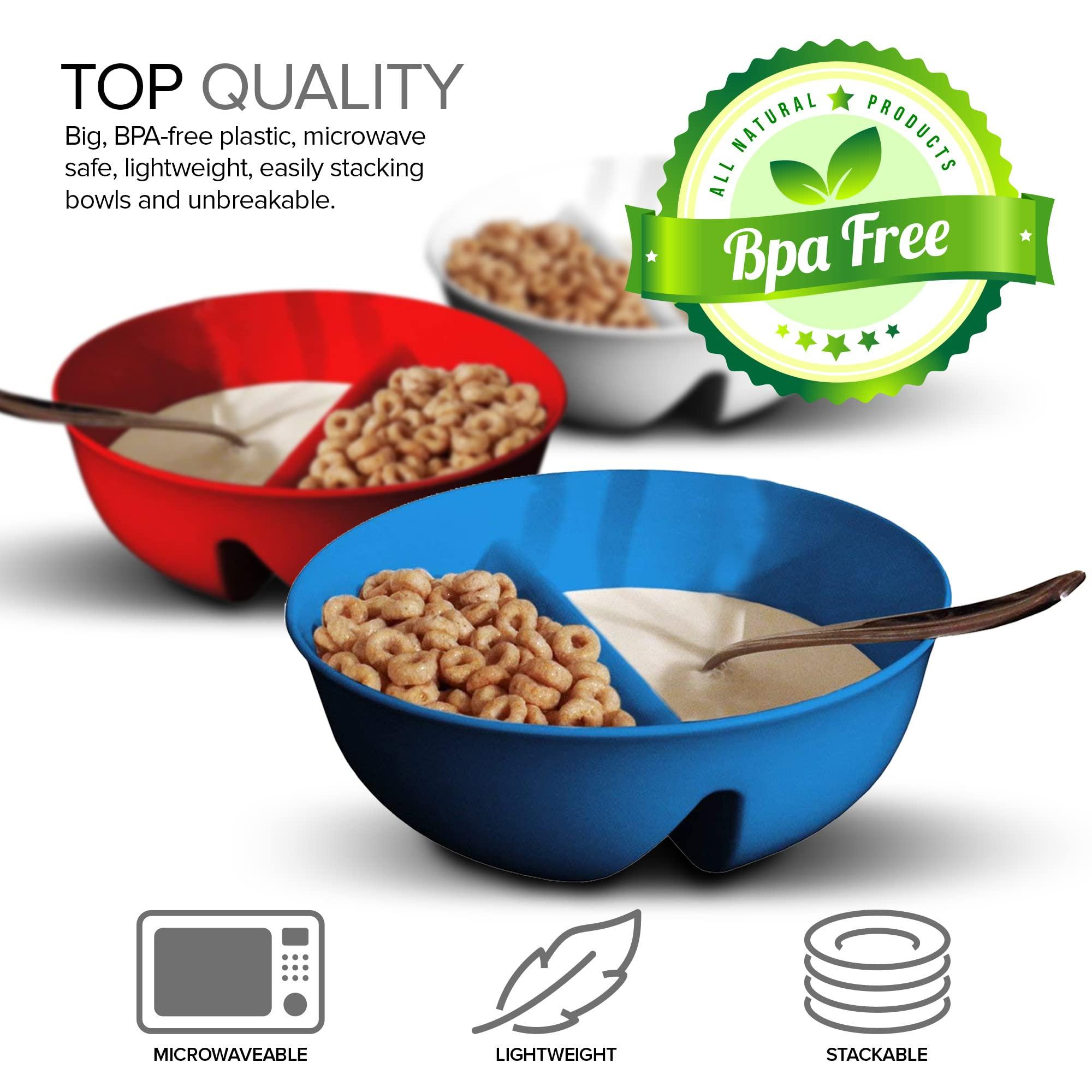 Just Solutions 3 Pack - Just Crunch Anti-Soggy Cereal Bowl - Keeps Cereal Crunchy | BPA Free | Microwave Safe | Ice Cream & Topping, Yogurt & Berries, Fries & Ketchup & More Red, White & Blue