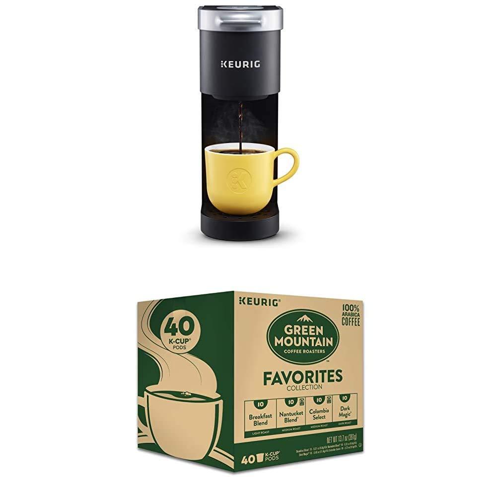 Keurig Keurig K-Mini Coffee Maker, Single Serve K-Cup Pod Coffee Brewer, 6 to 12 oz. Brew Sizes, Black With Mountain Coffee Roasters Favorites Collection Variety Pack, 40 Count