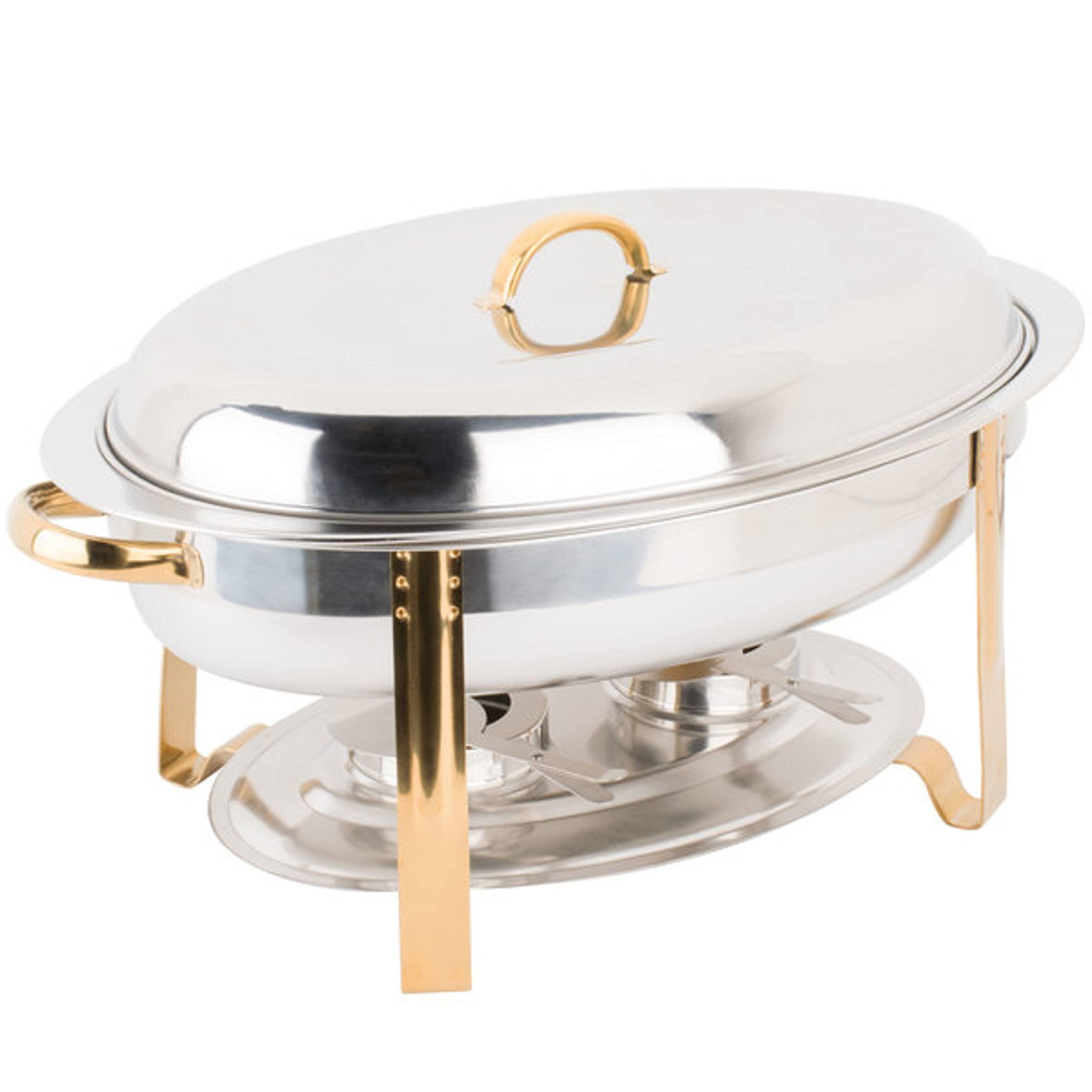 TrueCraftware TrueCraftware- 6 Qt. Stainless Steel Half Size Oval Chafing Dish Gold Accented Complete Set- Food Warmer Chafers and Buffet Warmer Sets for Catering Event Party Holiday Buffet Weddings Catering