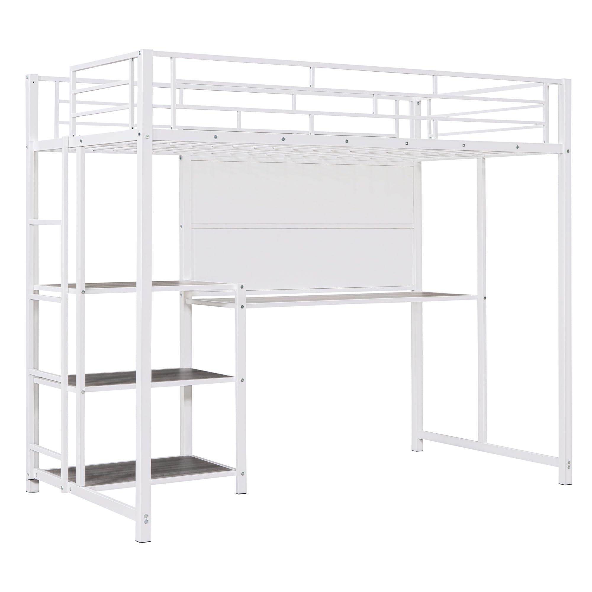VilroCaz VilroCaz Twin Size Loft Bed with Desk and Whiteboard, Heavy Duty Metal Loft Bed Frame with 3 Shelves and Full-Length Guardrail for Bedroom Guest Room Apartment, Maximized Space (at-White)