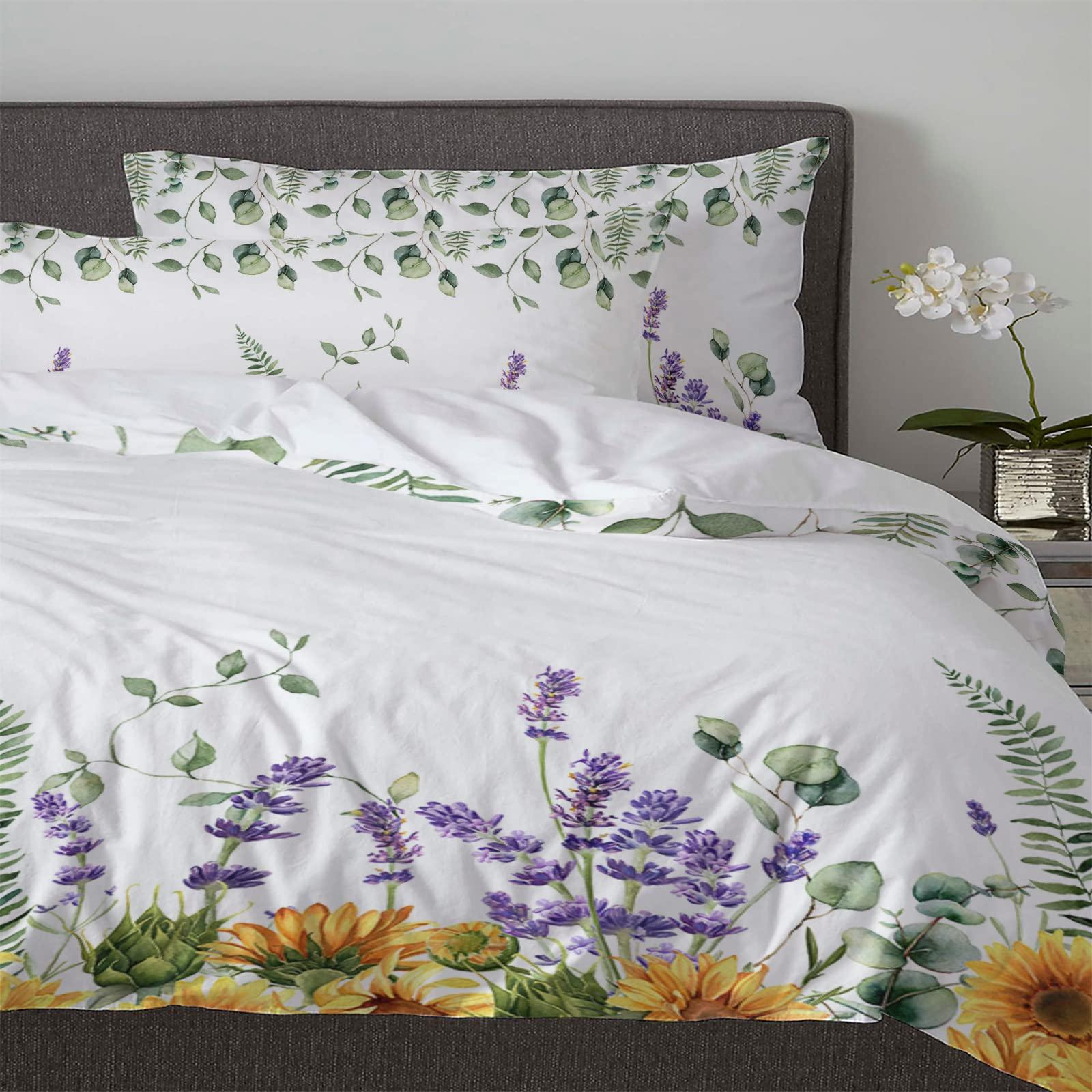 Sabolny Sunflower Queen Duvet Cover Set,Washed Soft Microfiber Bed Comforter Quilt Cover with Ties/Zipper,Wildflowers Eucalyptus Lavender Spring Summer Patterned Textured Bedding Duvet-Covers
