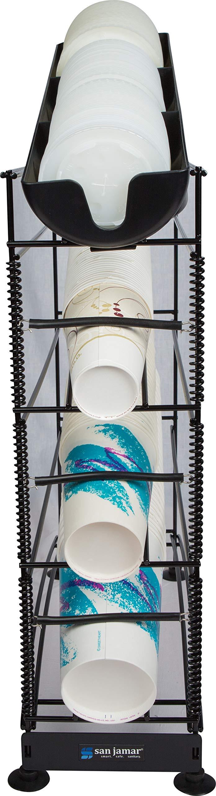 Carlisle Paddles San Jamar Wireworks Cup and Lid Dispenser Fits 8 - 44 Oz. Cups, 4 Tiers with Suction Cup Feet for Restaurants, Fast Food, And Kitchens, Plastic, 8.25 X 21.25 X 28 Inches, Black