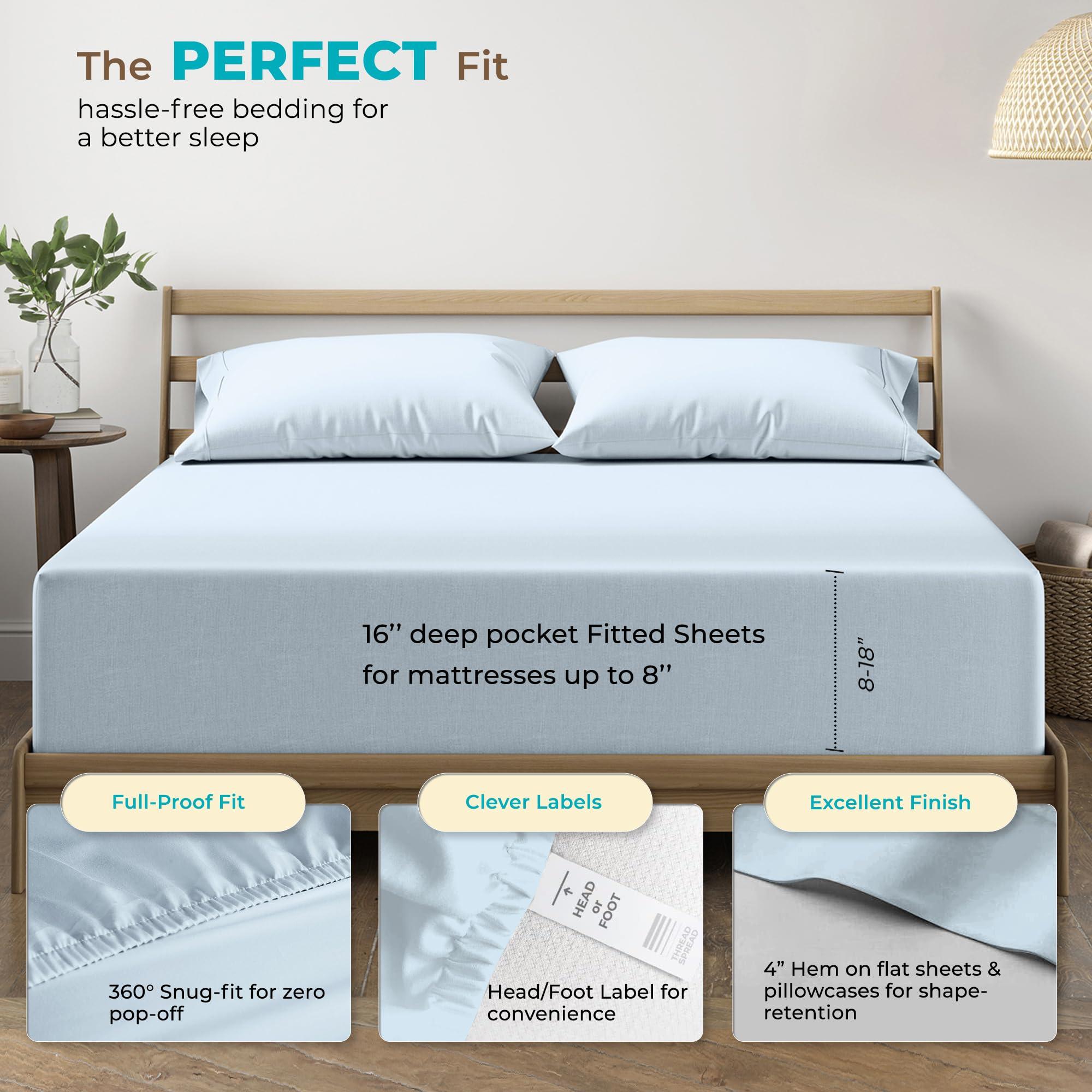 THREAD SPREAD THREAD SPREAD 100% Egyptian Cotton Sheets Queen Size - 800 High Thread Count Sheets Queen, 4 Piece Luxury Hotel Sheets for Queen Size Bed, 16\" Deep Pocket Soft Sateen Cooling Bedding Sets (Light Blue)