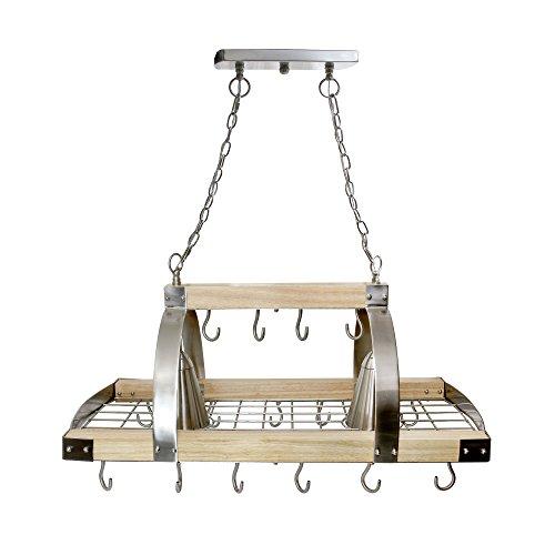 Elegant Designs Elegant Designs PR1001-WOD 2 Light Kitchen Wood Pot Rack with Downlights, Wood with Brushed Nickel Accents