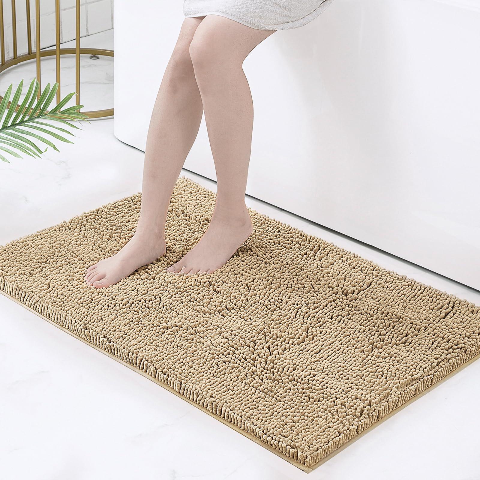 smiry Smiry Chenille Bathroom Rugs 36x24+24x16 and U-Shaped Toilet Bath Rugs 24x20, Extra Soft and Absorbent Shaggy Bath Mat, Machine Washable, Non-Slip Plush Carpet, Beige