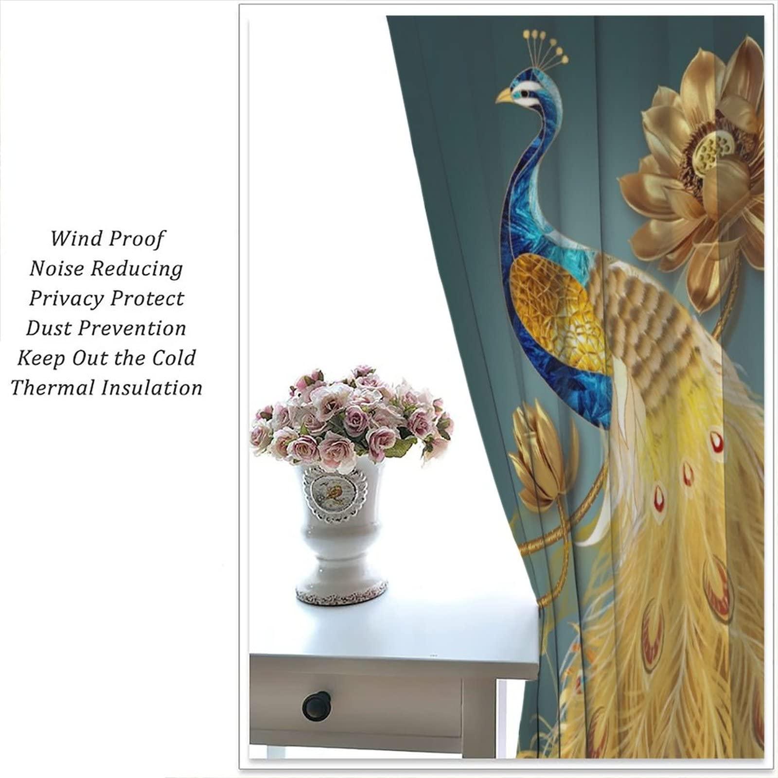 AuiMzoo Peacock Blackout Curtains, Beautiful Blue and Gold Peacock Standing On Golden Lotus, Women Bedroom Living Room Curtains 2 Panel Set, 42x45 Inch