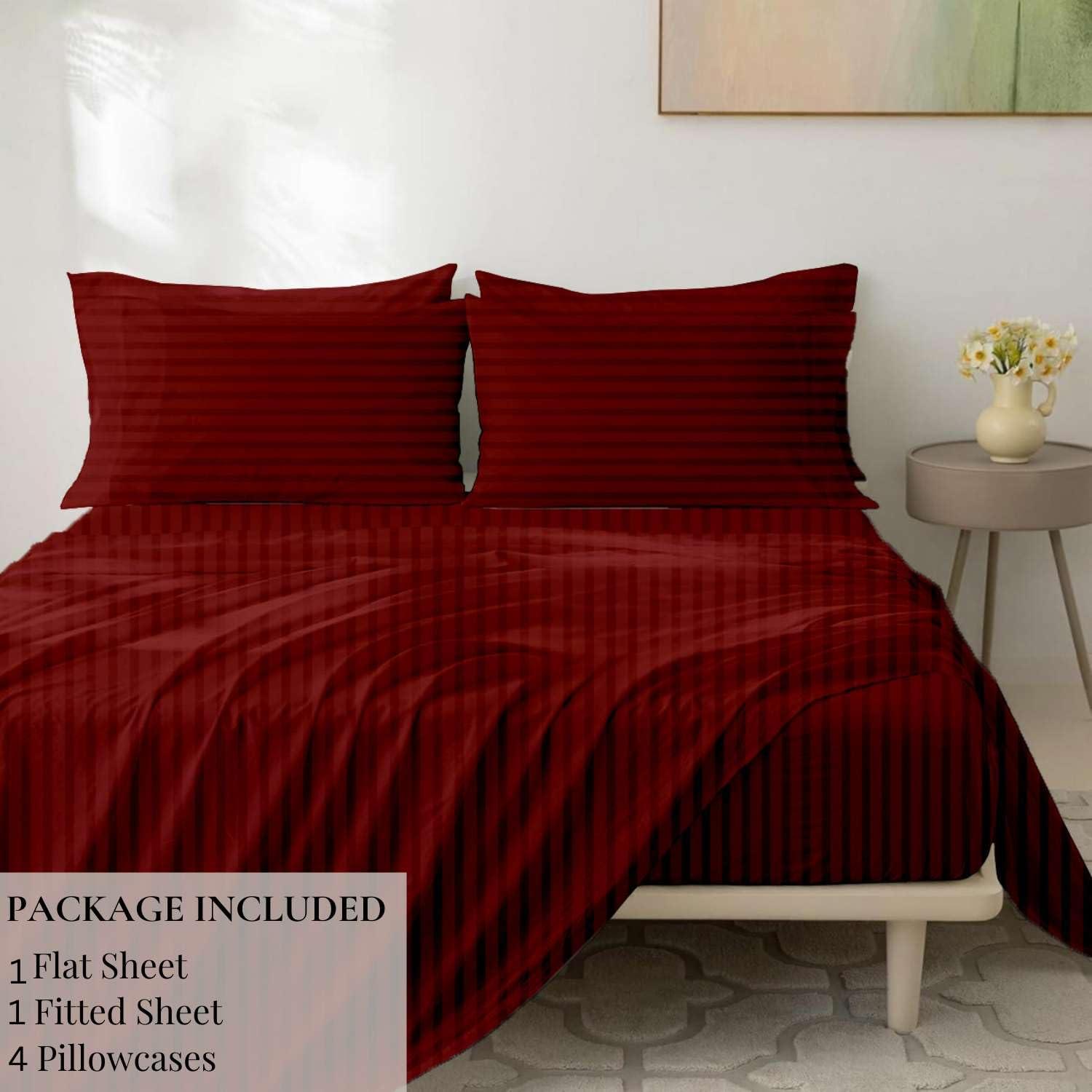 NON Sticky cotton Queen Size Sheet Set - 6 Piece Set - 400-Thread-Count 100% Egyptian Cotton Bed Sheets - Deep Pockets - Easy Fit - Bed Sheets Queen Size Set - Burgundy Stripe Bed Sheets - Queens Sheets - 6 PC