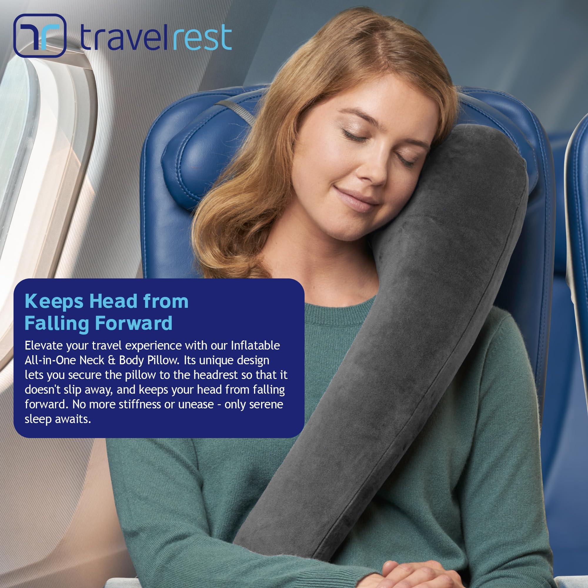 TRAVELREST TRAVELREST All-in-One Travel Pillow for Neck & Body, Attaches to Airplane & Car Seat, Memory Foam Inserts, Washable Velour Cover, Inflatable, Stores Compact, Sleeping on Long Flights & Trips, Grey