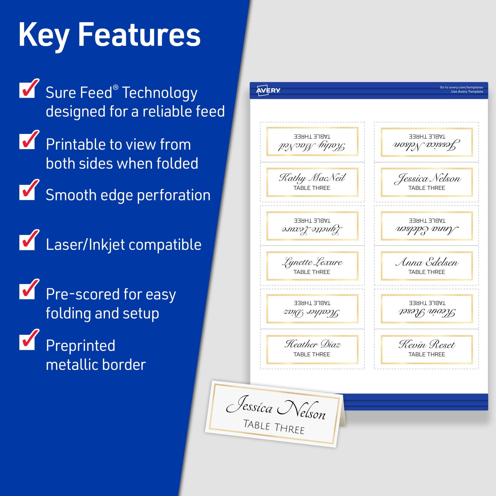 AVERY Avery Printable Place Cards with Sure Feed Technology, 1-7/16\" x 3-3/4\", White with Gold Border, 150 Blank Tent Cards for Laser or Inkjet Printers (35701)