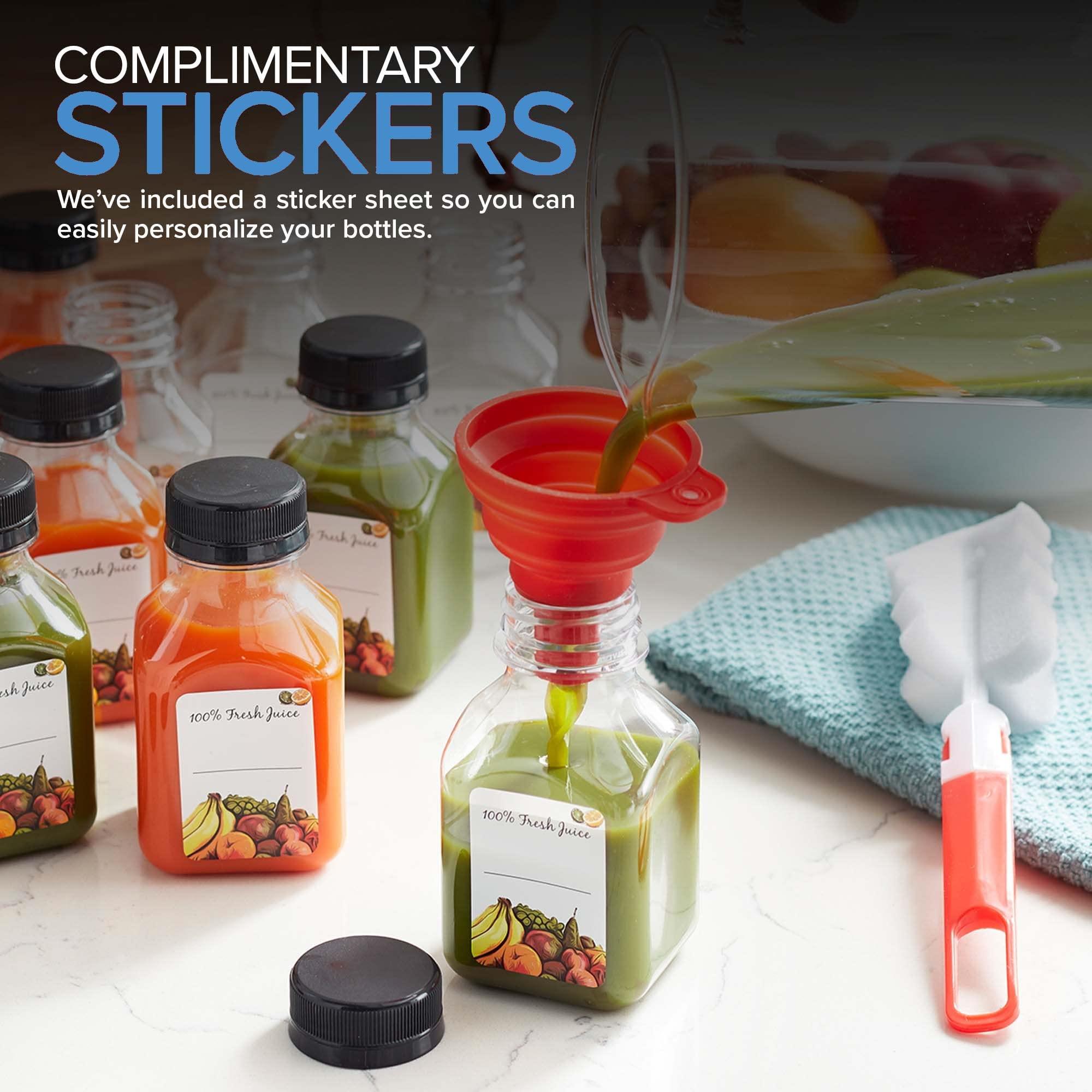 Stock Your Home 8 oz Juice Bottles with Caps for Juicing (12 pack) - Reusable Clear Empty Plastic Bottles - 8 Oz Drink Containers for Mini Fridge, Juicer Shots - Mini Water Bottles - Includes Labels, Brush & Funnel