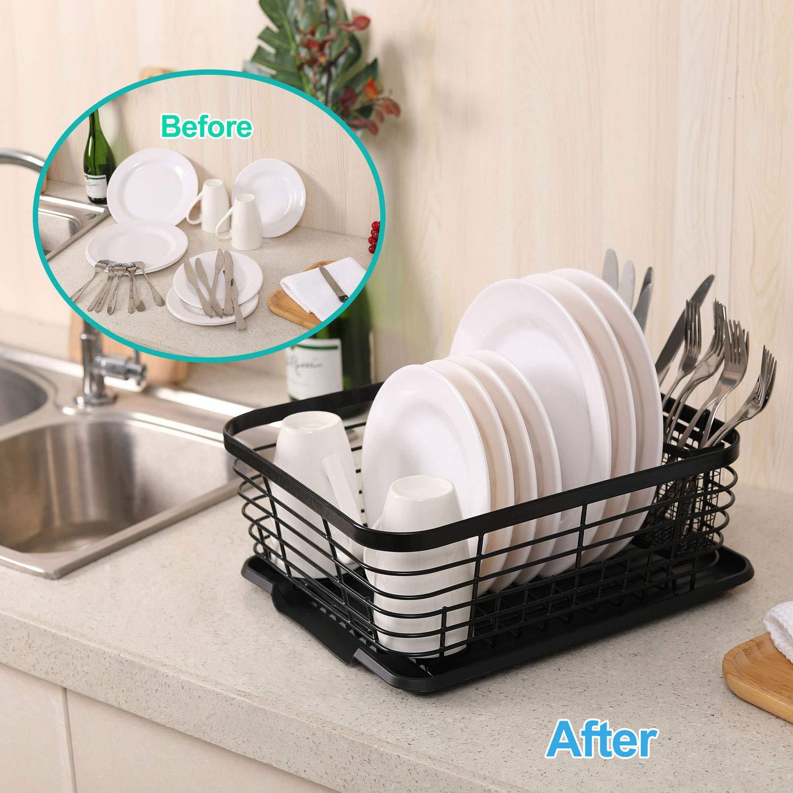TQVAI TQVAI Kitchen Dish Drainer Rack with Drying Board and Full-Mesh Silverware Utensils Holder, Black