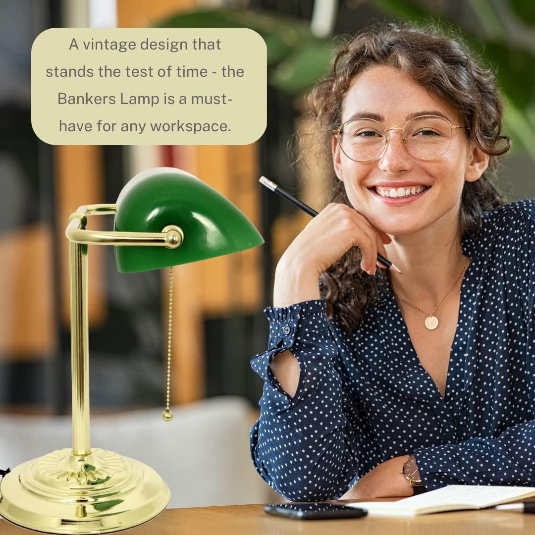 LIGHTACCENTS LIGHTACCENTS Traditional Bankers Desk Lamp with Green Glass Shade and Nickel Finish - Classic Study Light Perfect for Office and Home Workspace - Elegant Small Banker Lamp for Reading