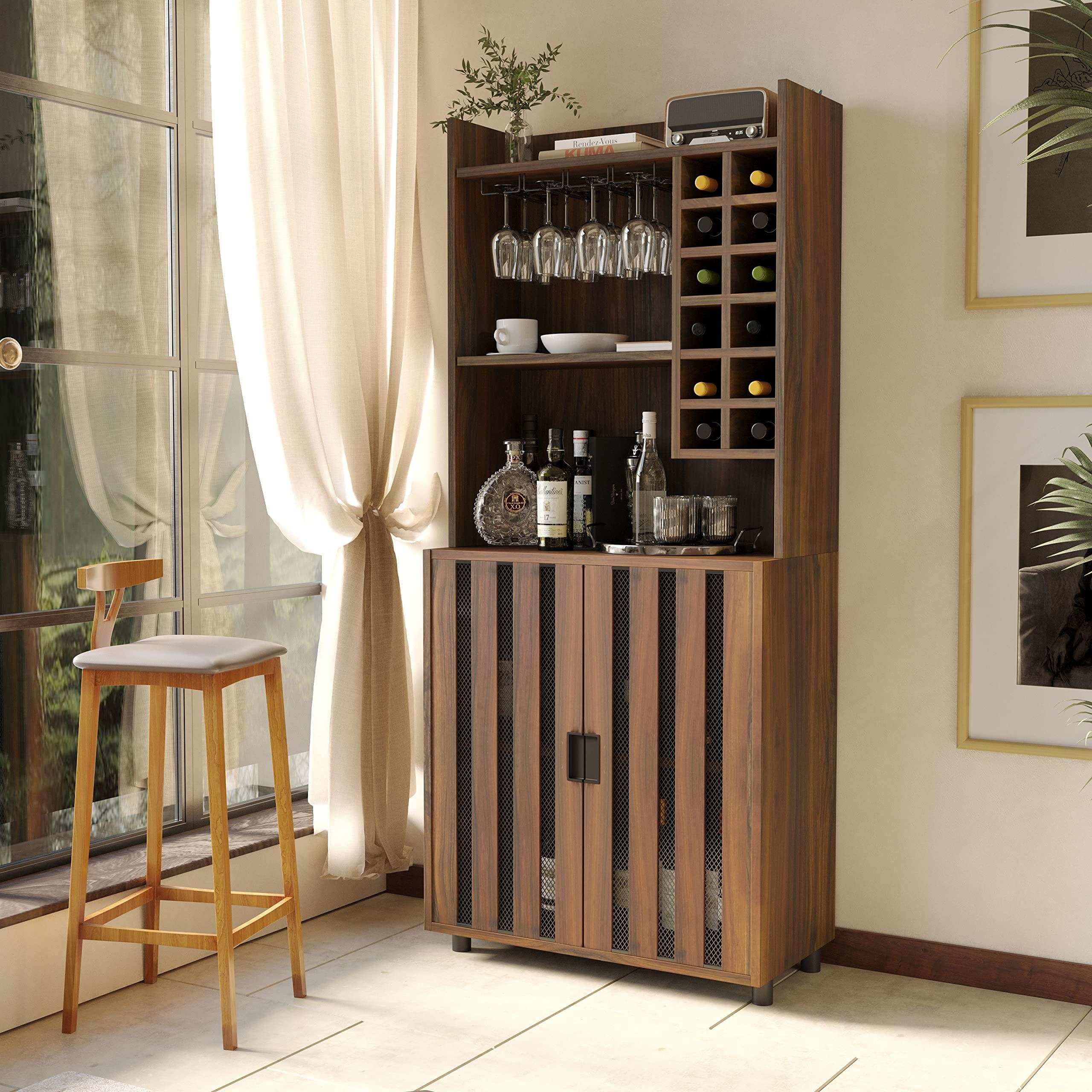 Orweiin Orweiin Wine Bar Cabinet for Liquor and Glasses with 12 Wine Bottle Racks, Kitchen Hutch Storage Cabinet for Living, Dinning Room, HallwayDoors That Combine Wire Mesh with MDF