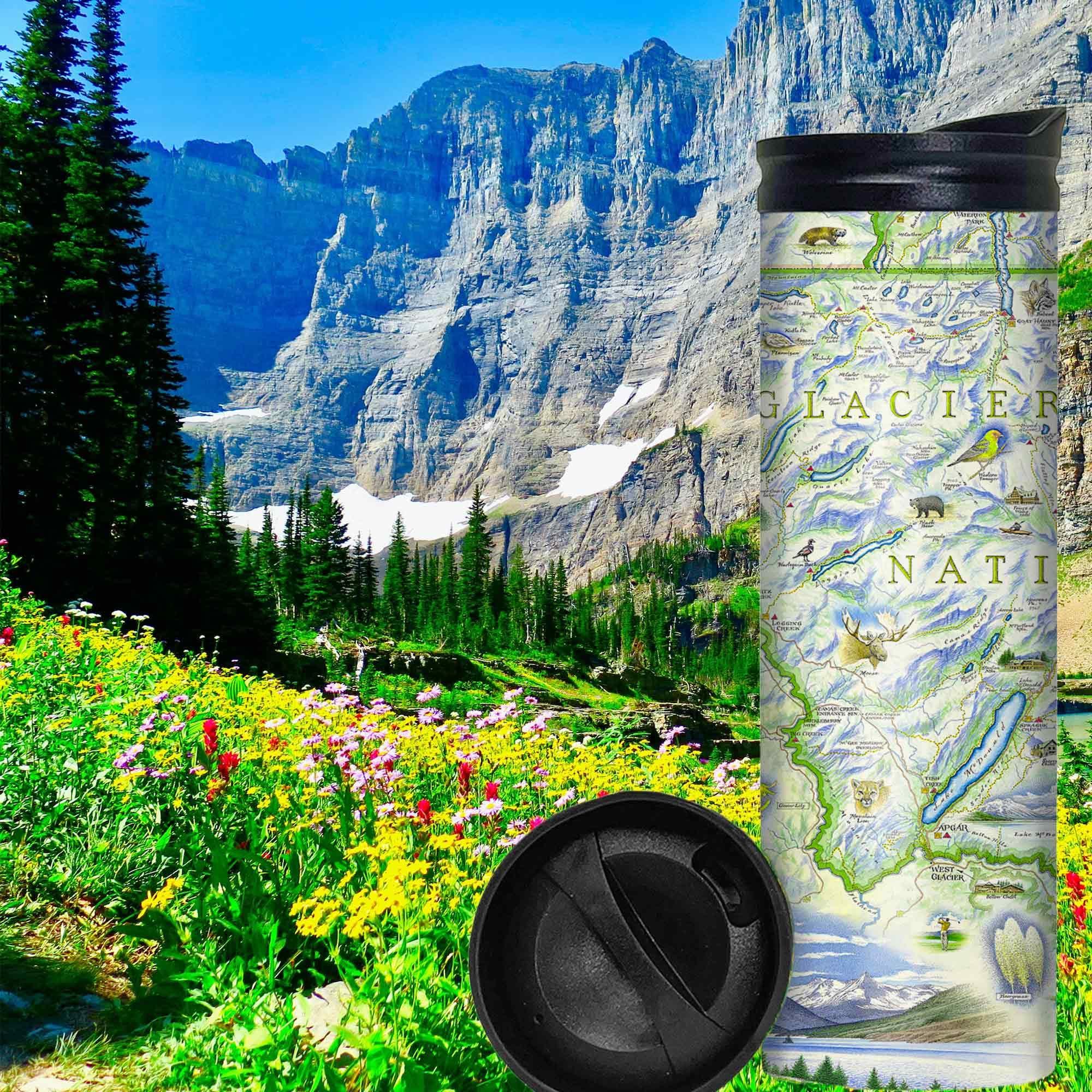 Xplorer Maps Xplorer Maps Glacier National Park Map 16 Oz Travel Drinkware with Spill-Resistant Lid - Stainless Steel Vacuum Insulated Coffee Tumbler