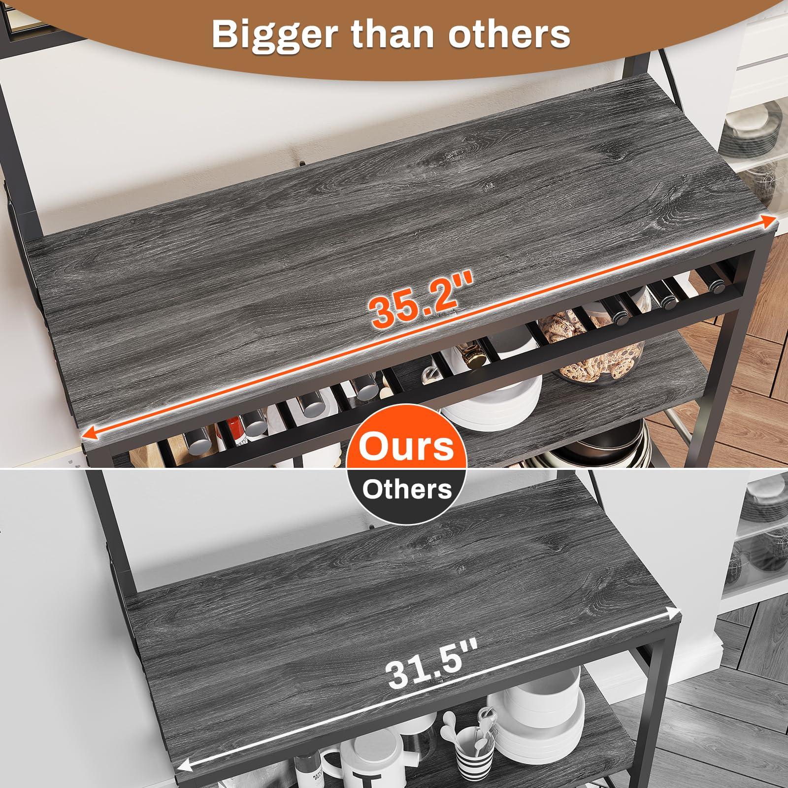 Itaar Itaar Bakers Rack with Power Outlet, 6-Tier Coffee Bar, Microwave Stand with Wine Rack, LED Lights and 10 Hooks, Bakers Racks for Kitchens with Storage, Grey