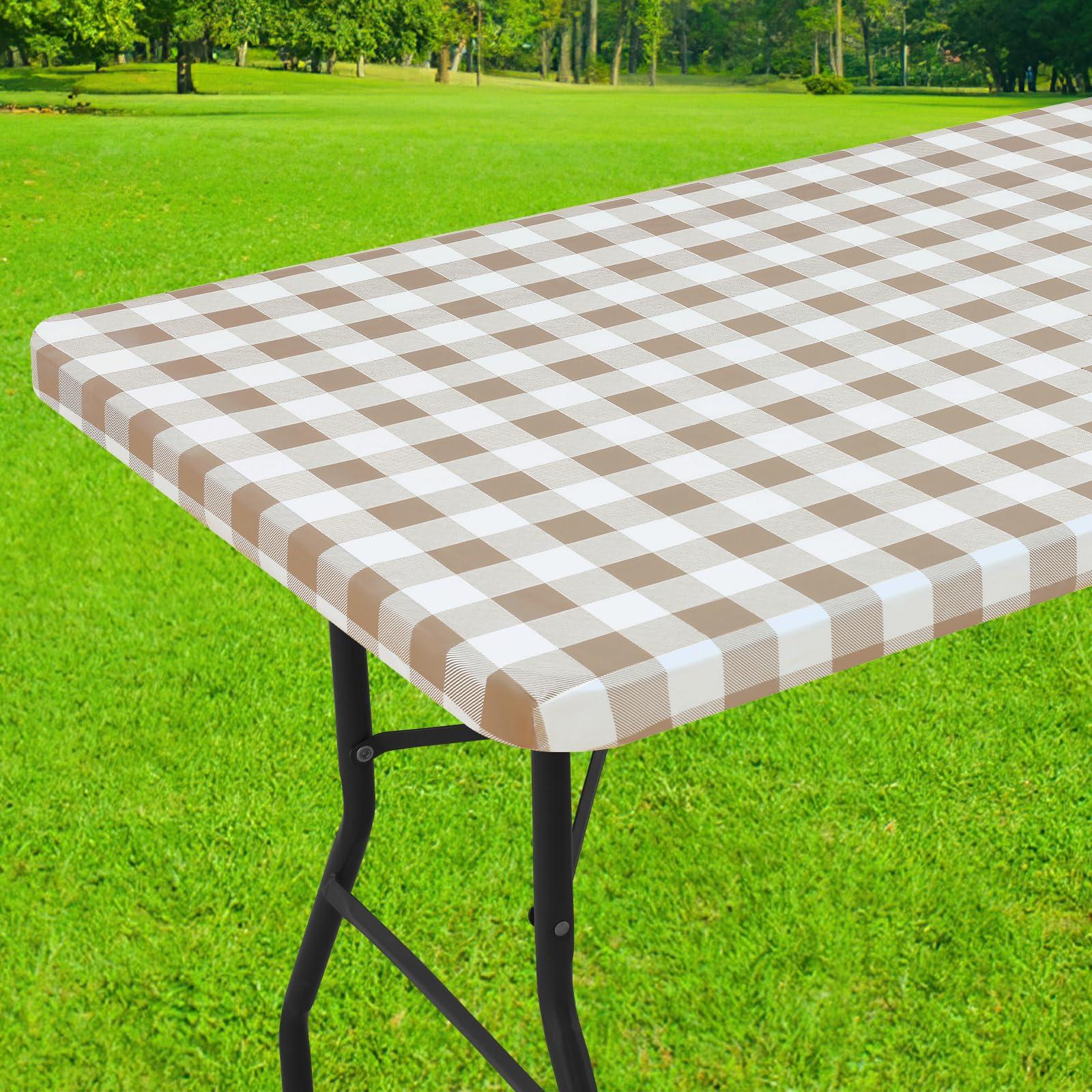 smiry smiry Rectangle Picnic Table Cloth, Elastic Waterproof Fitted Vinyl Tablecloth for 6 FT Tables, Flannel Backed Buffalo Plaid Table Covers for Dining, Camping, Outdoor (White and Khaki, 30\" x 72\")